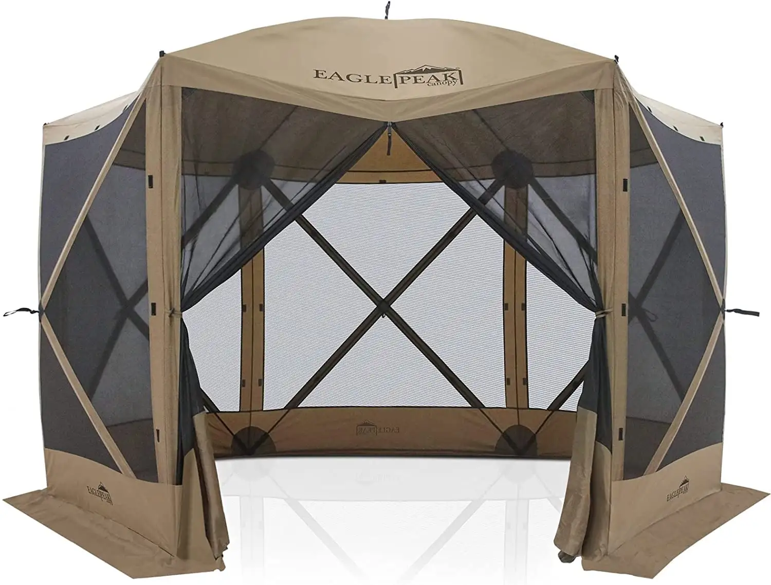 EAGLE PEAK 12 x 12 ft Portable Quick Pop Up 6 Sided Instant Gazebo Canopy. Outdoor Camping Screen Tent with Mesh Netting 8 Person. Beige