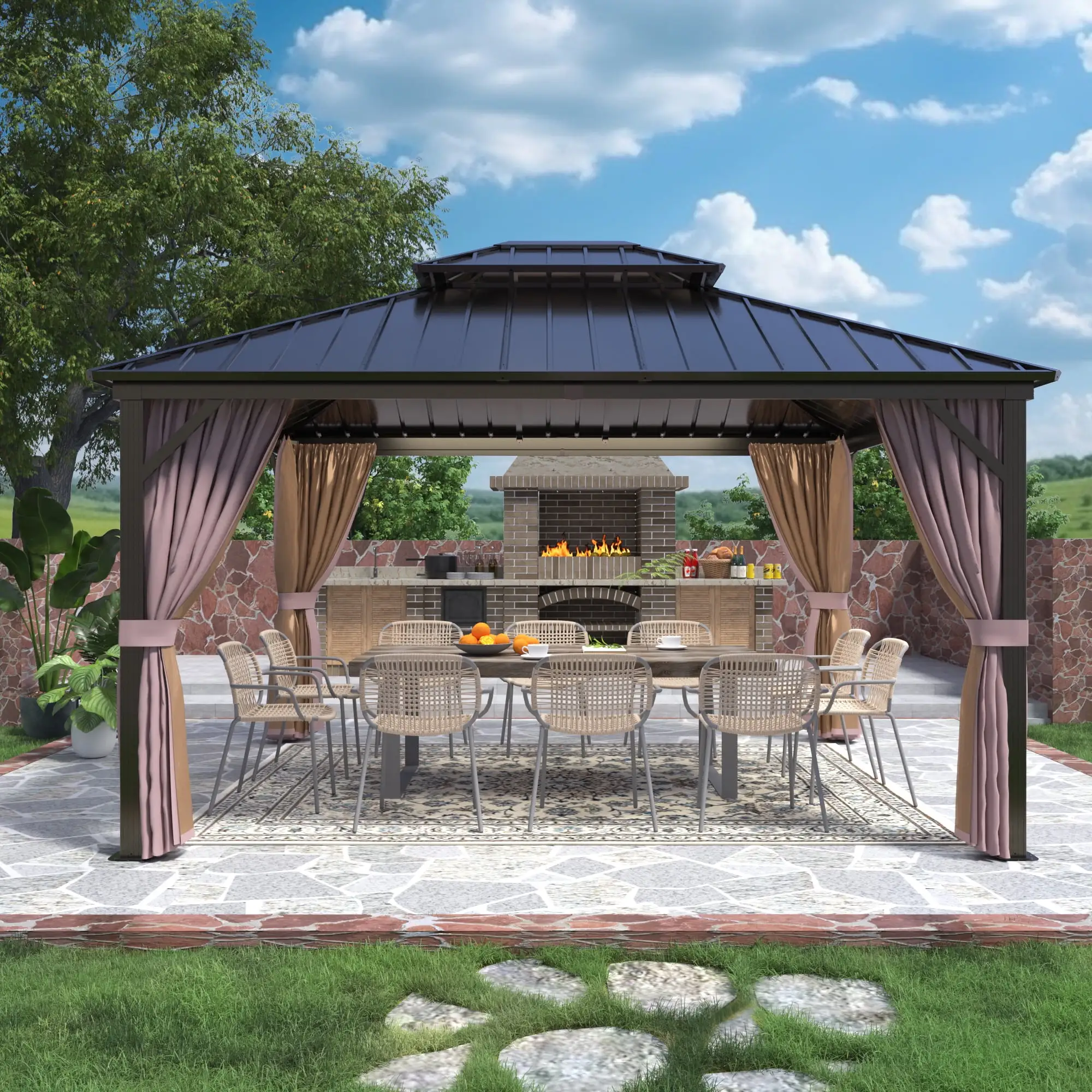 EAGLE PEAK 12x14 Outdoor Aluminum Frame HardtopGazebo with Galvanized & Powder Coated Steel Double Roof. Includes Netting and Curtains. for Garden. Patio. Deck and Lawn