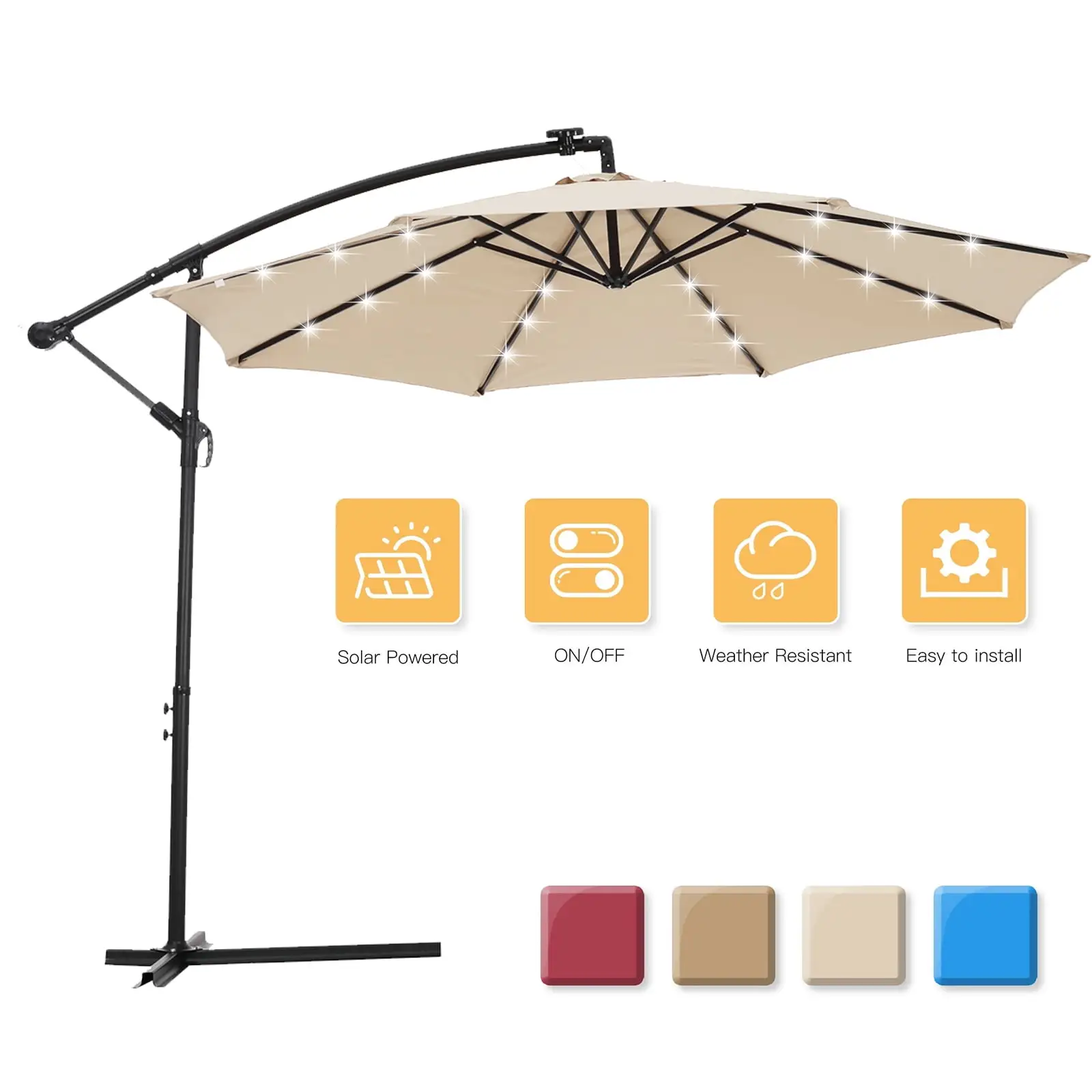 ENYOPRO Outdoor Patio Umbrella. 10ft Cantilever Offset Umbrella. Solar LED Lighted Sun Shade Market Umbrella with Hanging Cover and Cross Base for Garden. Deck. Patio. Backyard and Poolside. B1697