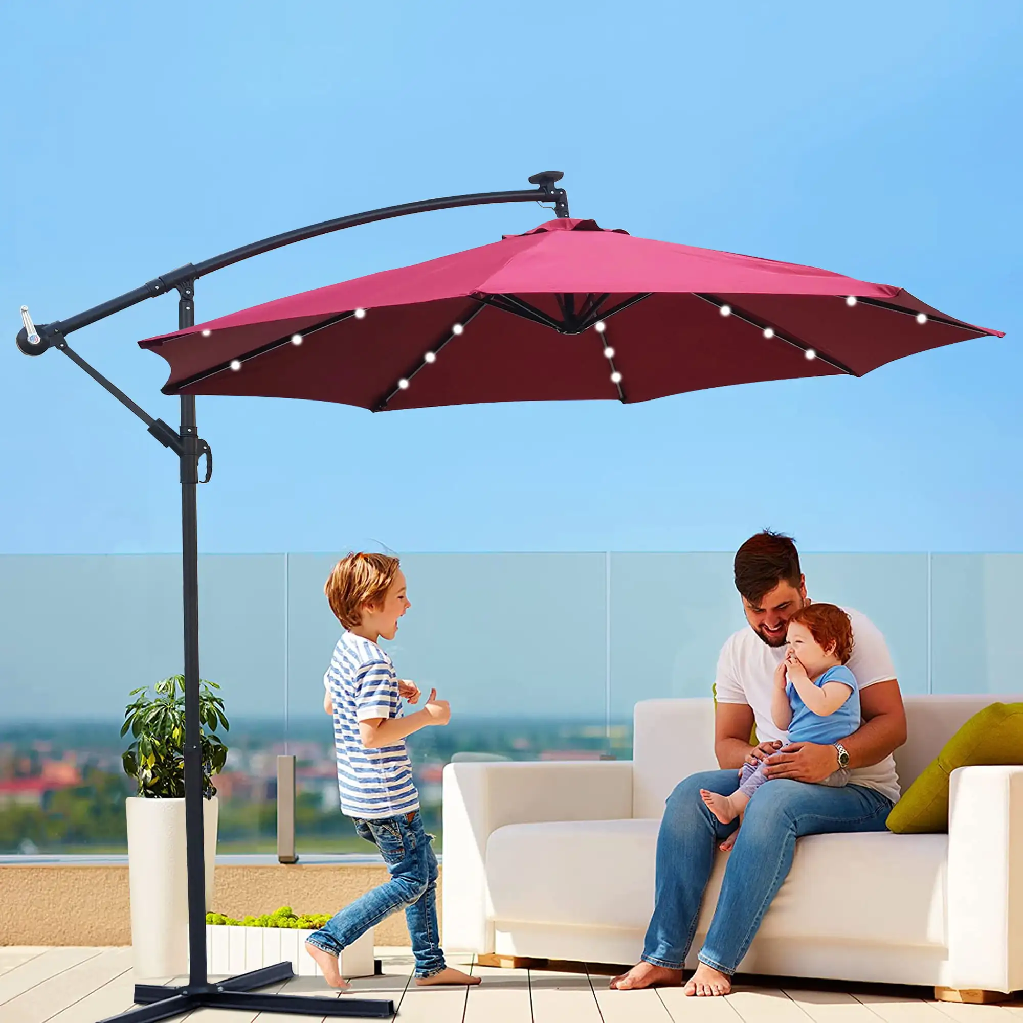 ENYOPRO Patio Offset Umbrella. Cantilever Umbrella w/ Solar Lights. Large Hanging Market Umbrella w/ Crank & Cross Base. Waterproof UV Protection Outdoor Umbrella w/ Vent Top for Yard Garden. T1679