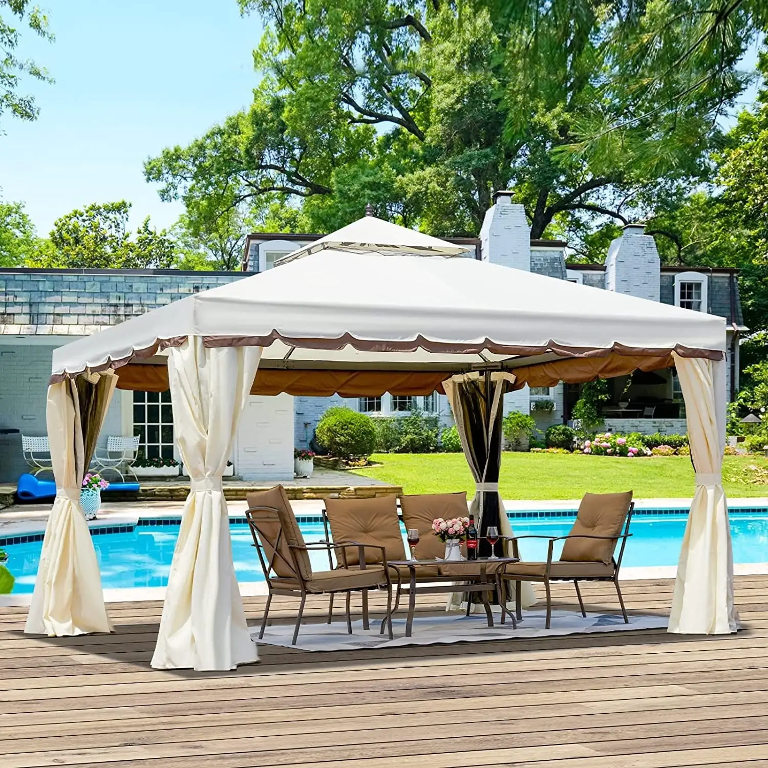 EROMMY 10 x 12 Outdoor Canopy Gazebo Double Roof Patio Gazebo Cream