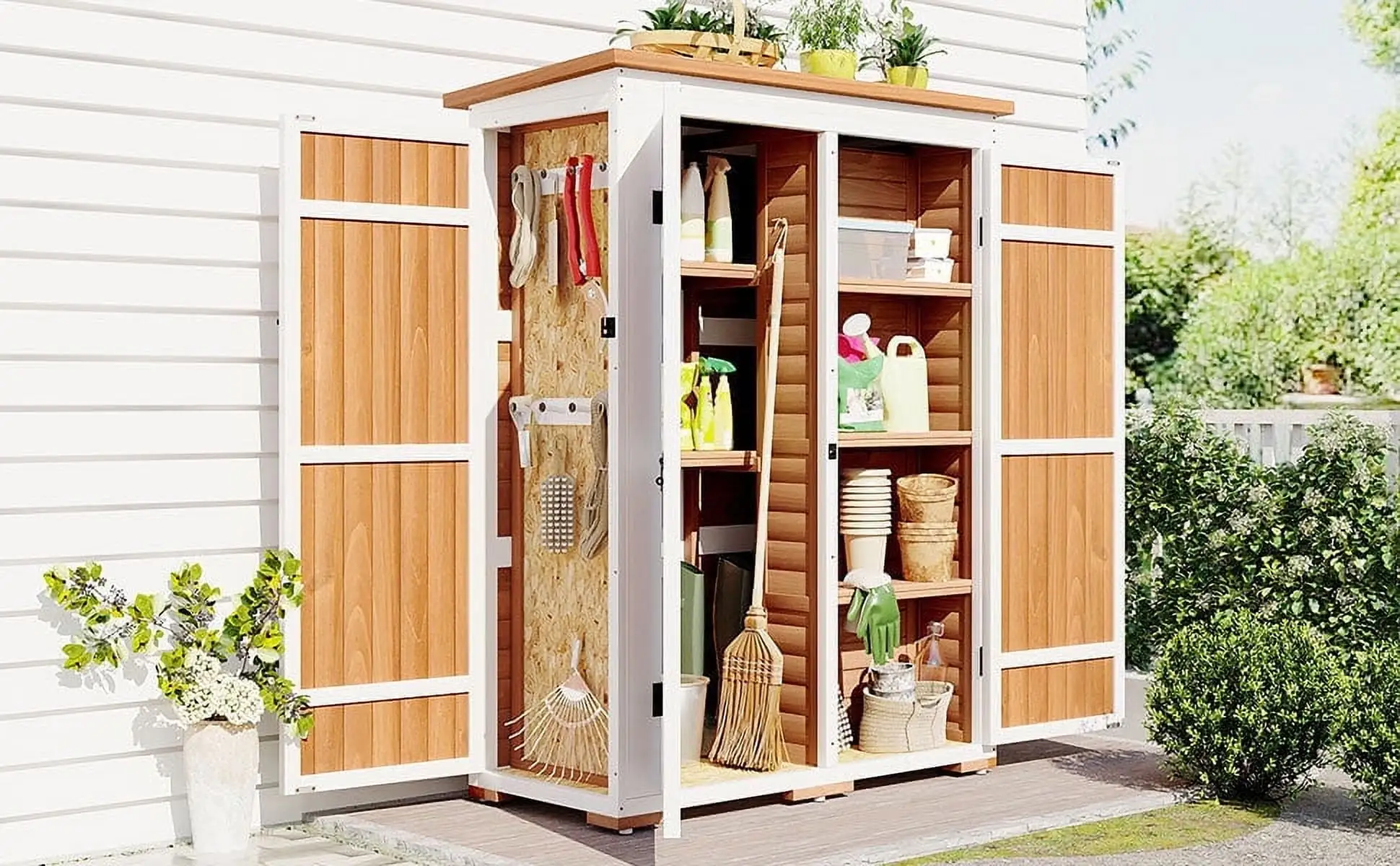 EUROCO 5.5' Wood Outdoor Storage Shed. Garden Tool Cabinet with Waterproof Asphalt Roof. 4 Lockable Doors. Multiple-tier Shelves for Patio Furniture. Natural