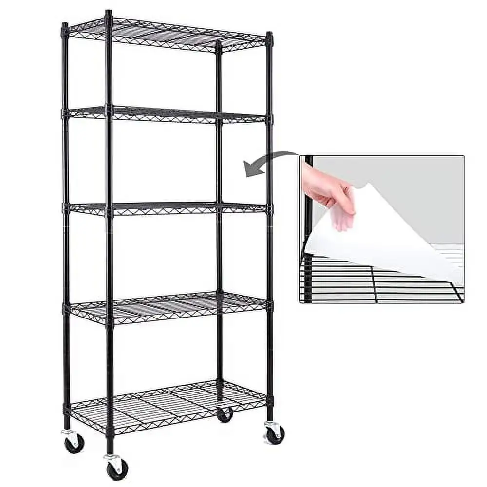 EZPEAKS 5-Shelf Shelving Units and Storage on 3'' Wheels with Shelf Liners Set of 5. NSF Certified. Adjustable Heavy Duty Carbon Steel Wire Shelving Unit (30W x 14D x 63.7H) Pole Diameter 1 Inch