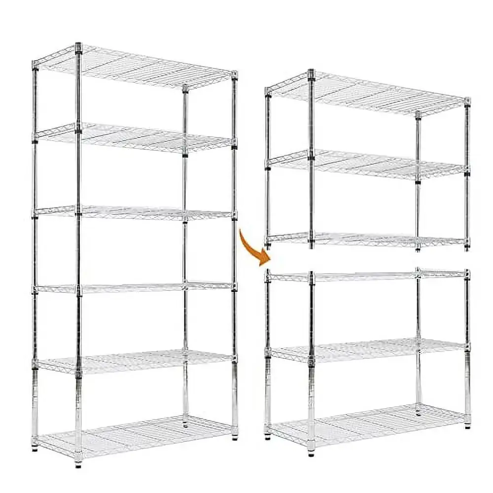 EZPEAKS Chrome 6-Shelf Shelving Unit. Changeable into 2 of 3-Shelf Units. Adjustable Heavy Duty Steel Wire Shelves. 350 lbs Loading Capacity Per Shelf (71.5 H. 36 W. 16 D)