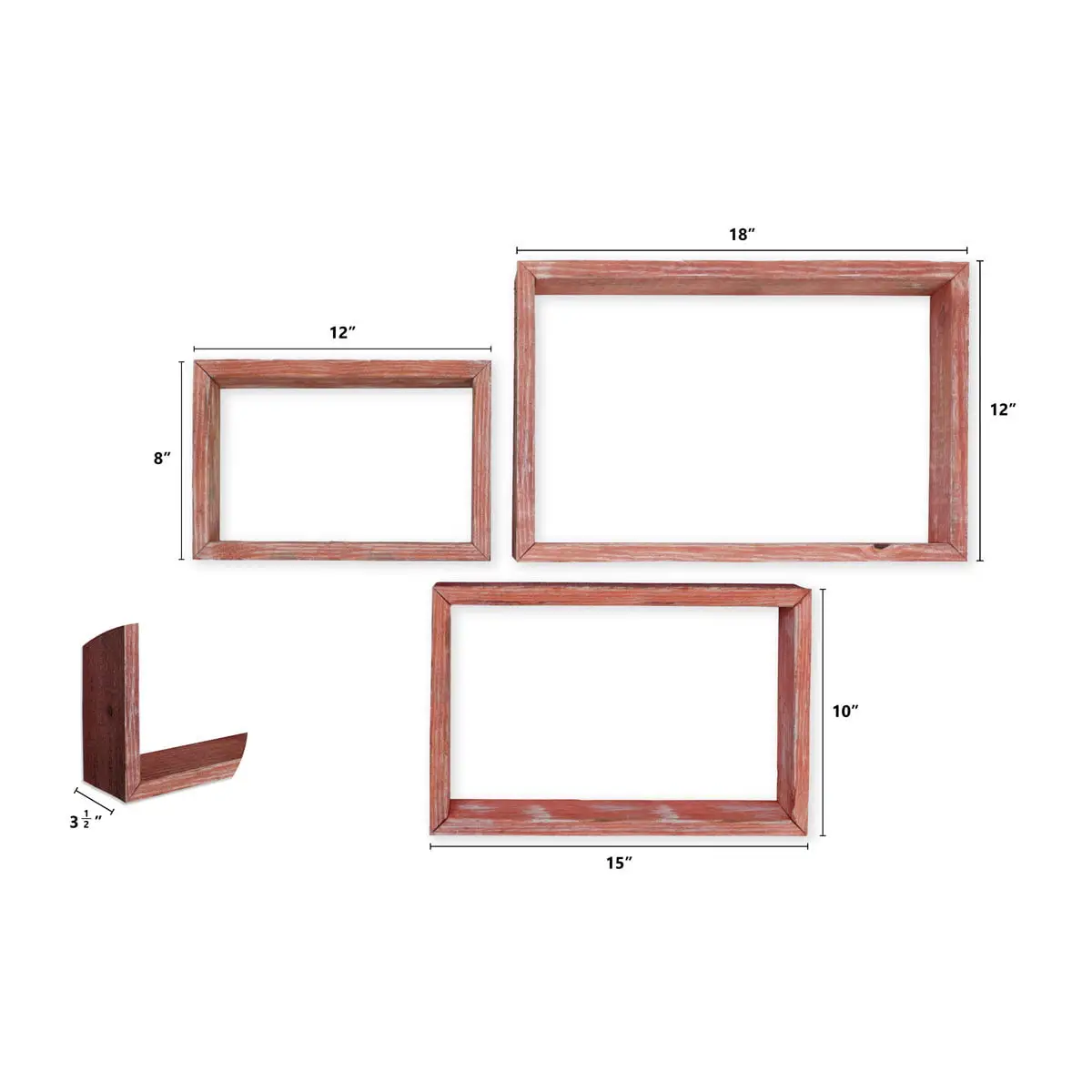 Ekena Millwork Set of 3. Rectangle. Open Back. Vintage Farmhouse Shadow Box Shelves. Barnwood Decor Collection. Salvaged Red