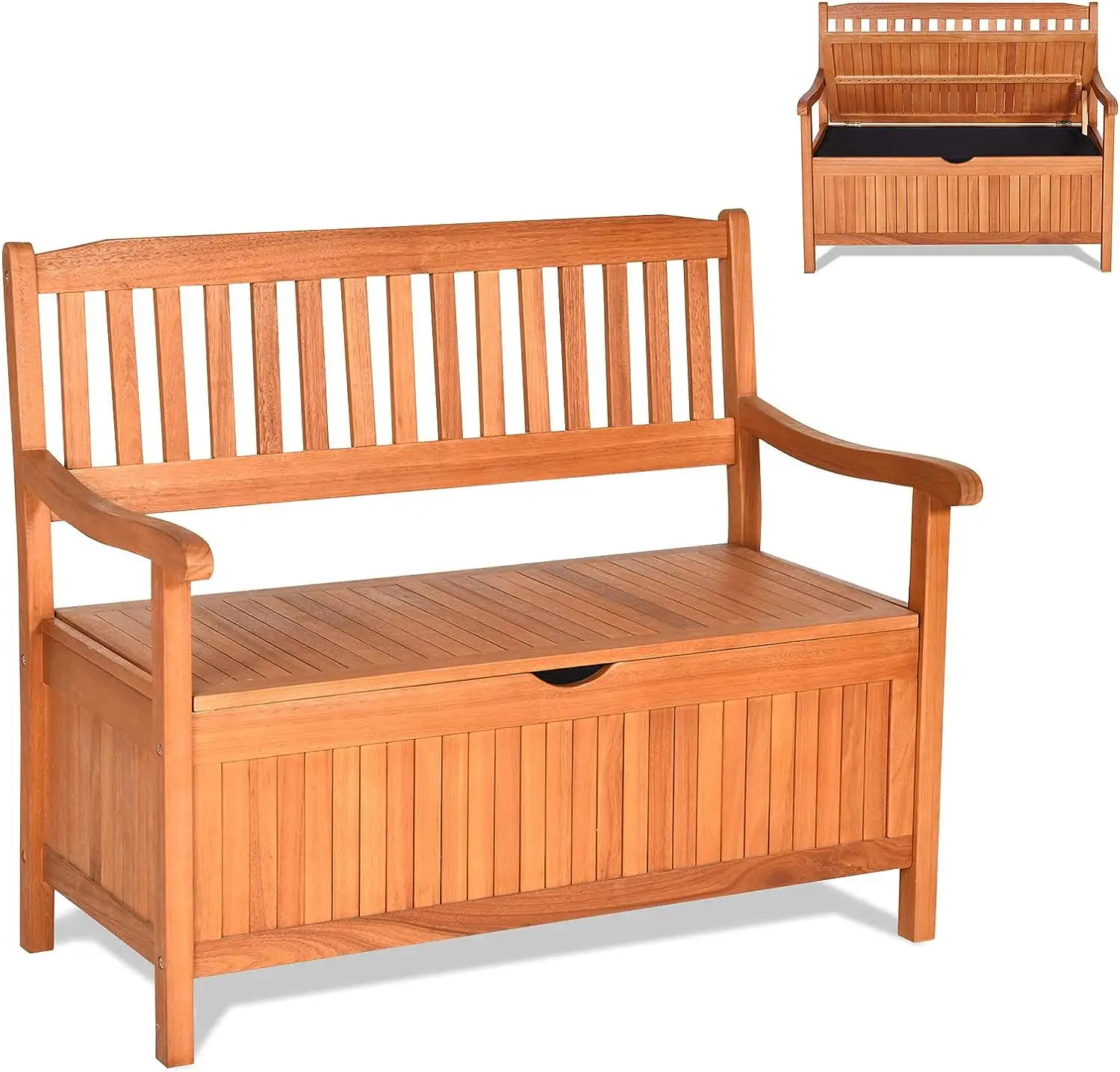 Elegant Elegant Bench with Storage. Outdoor Deck Box with Seating for Pool Front Porch Garden Lawn Decor. Dustproof Liner Wood Storage Loveseat. 800 lbs Capacity. Eucalyptus Storage Bench