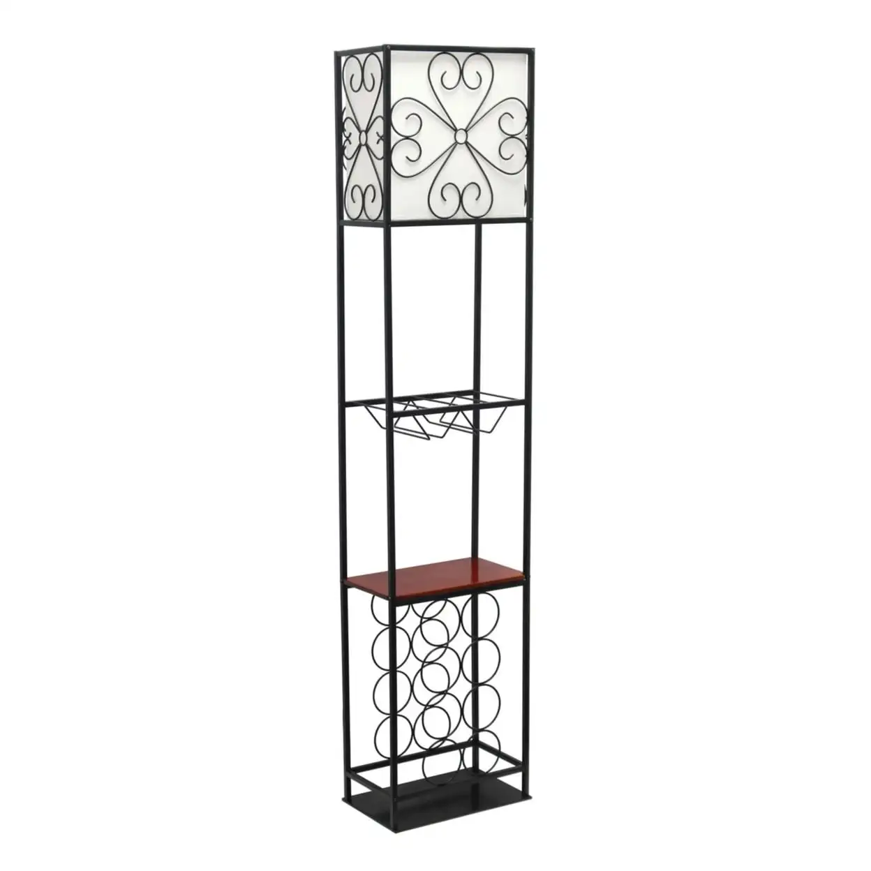 Elegant Designs Metal Etagere Floor Lamp w/ Wine Rack in Black with Cream Shade