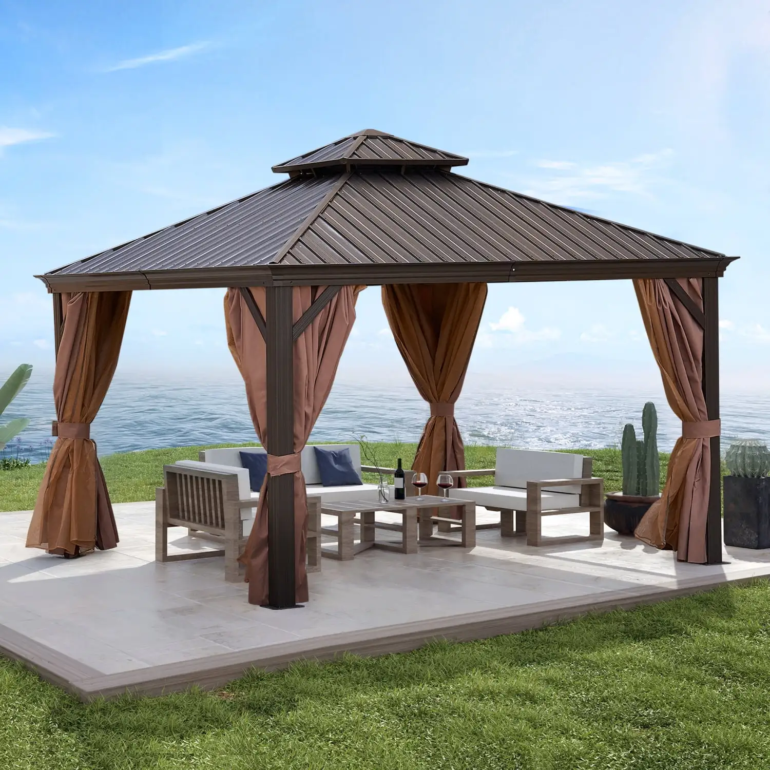 Elegant and Durable 12*12FT Aluminum Gazebo with Steel Canopy - Stylish Outdoor Permanent Hardtop Gazebo for Patio Garden Backyard. Perfect for all Weather Conditions.