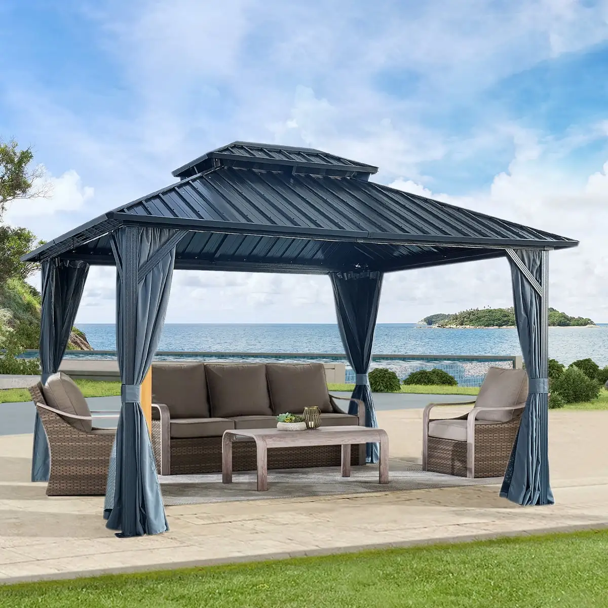 Elegant and Luxurious 12x12ft Double Roof Gazebo with Netting and Curtains Stylish 2-Tier Hardtop Garden Tent Constructed from Galvanized Iron and Aluminum Frame Ideal for Patio Backya