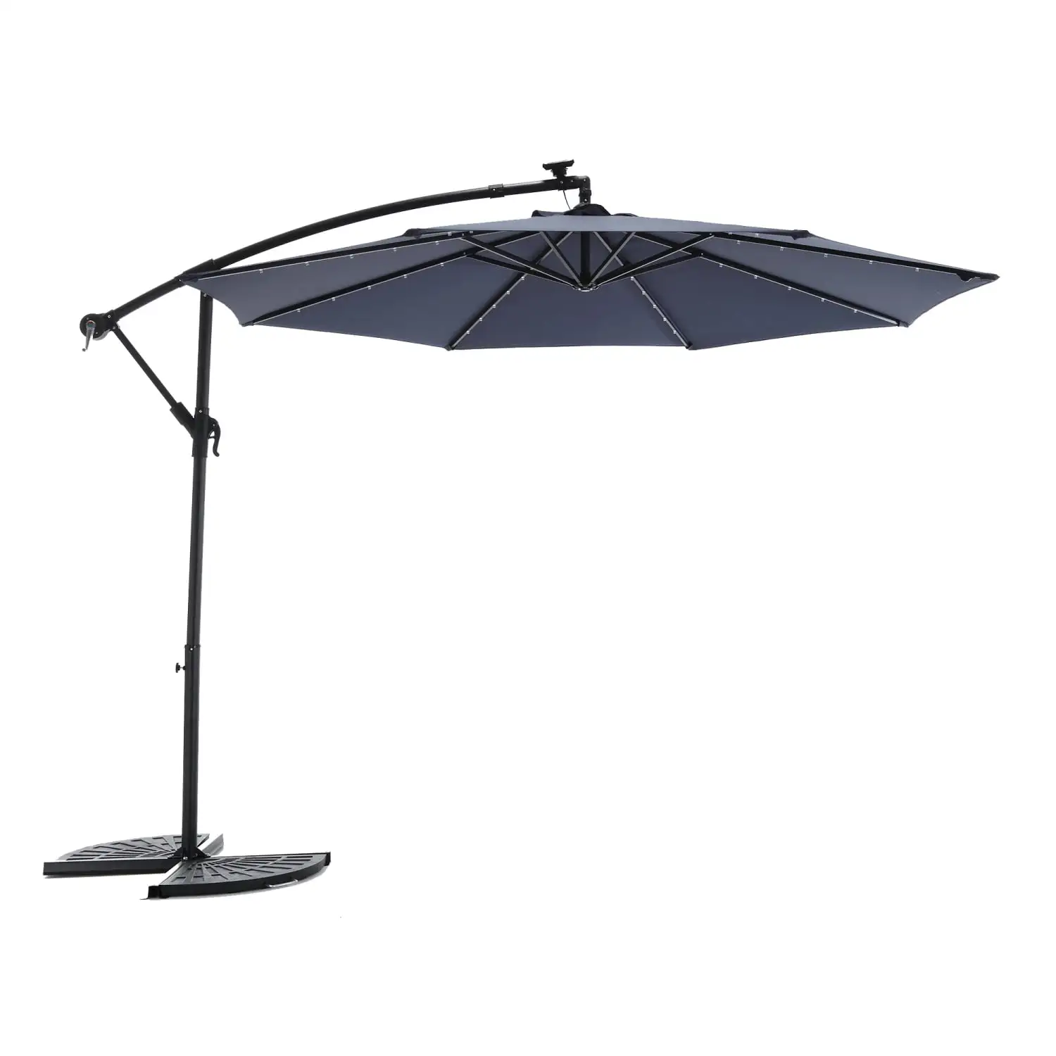 Elegant and Stylish Navy Blue 10ft Solar LED Offset Hanging Market Patio Umbrella with Adjustable Tilt and Crank Mechanism - The Perfect Outdoor Shade Solution for Your Garden or Pool Are