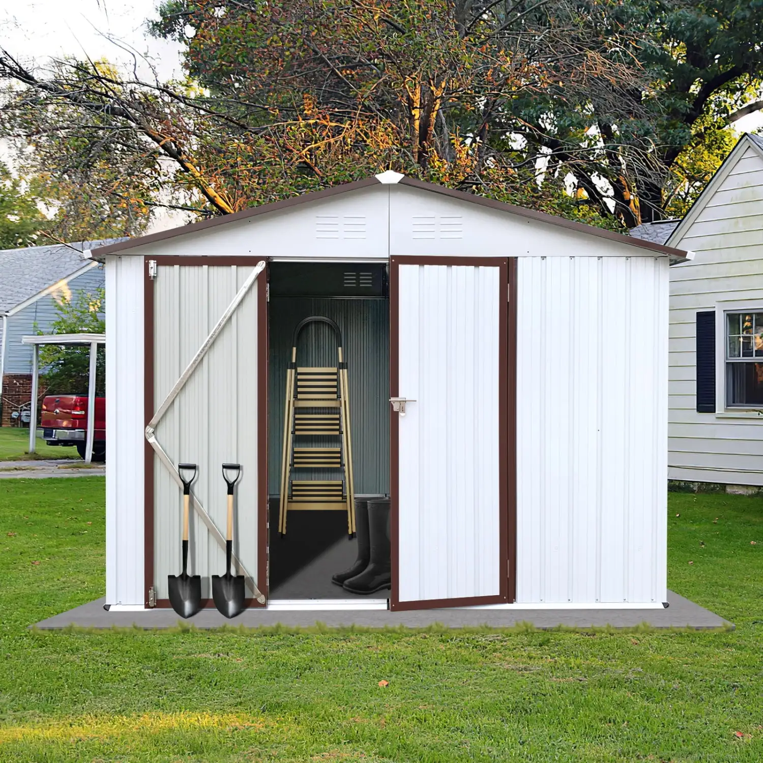 Elegant and Spacious 10ftx8ft White+Coffee Metal Outdoor Storage Sheds for Your Garden