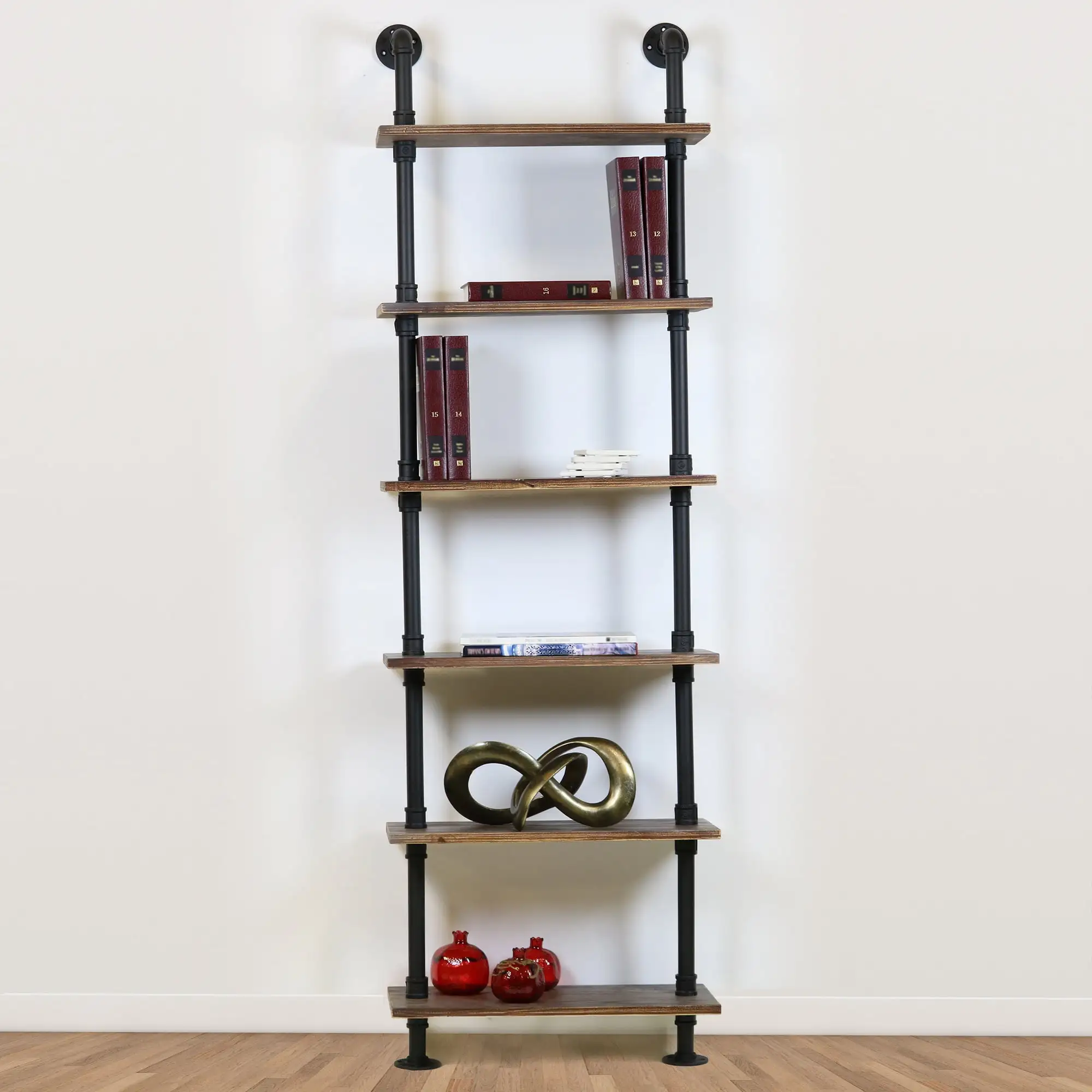 Emitt Tall Bookshelf Black Pipe Frame with Weathered Maple Shelves