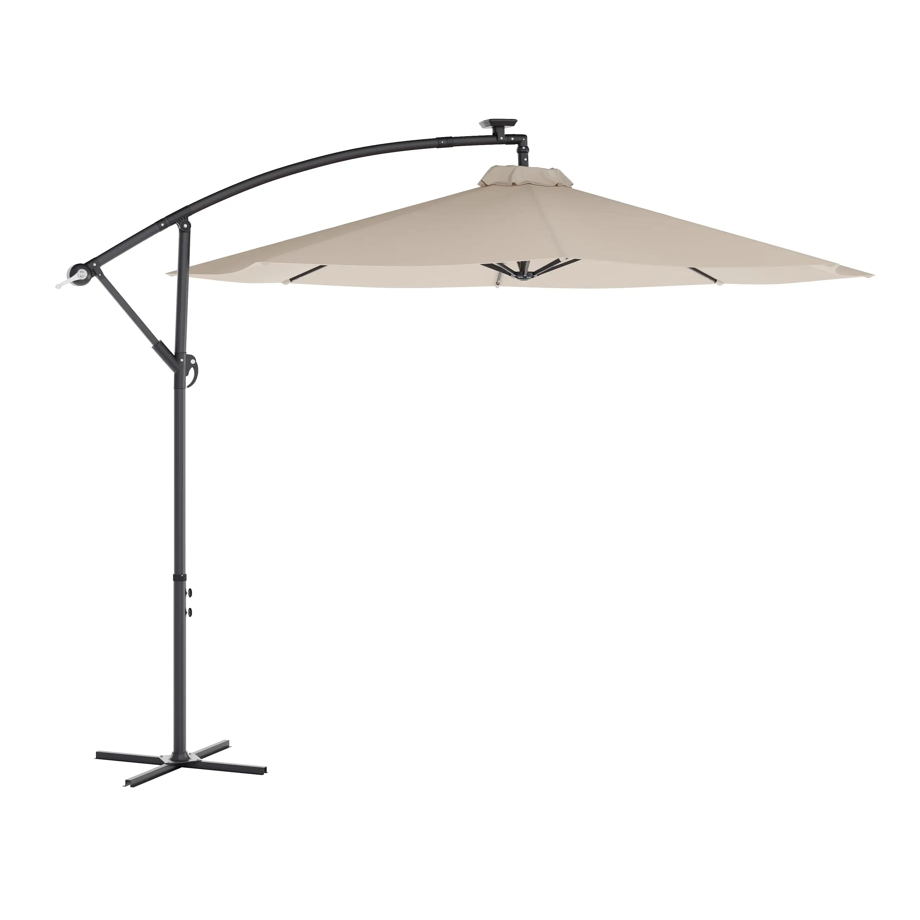 Emma + Oliver 10 FT Round Cantilever Umbrella with Solar LED Lights. Built in Cross Base. and Easy Lift and Tilt Function in Tan