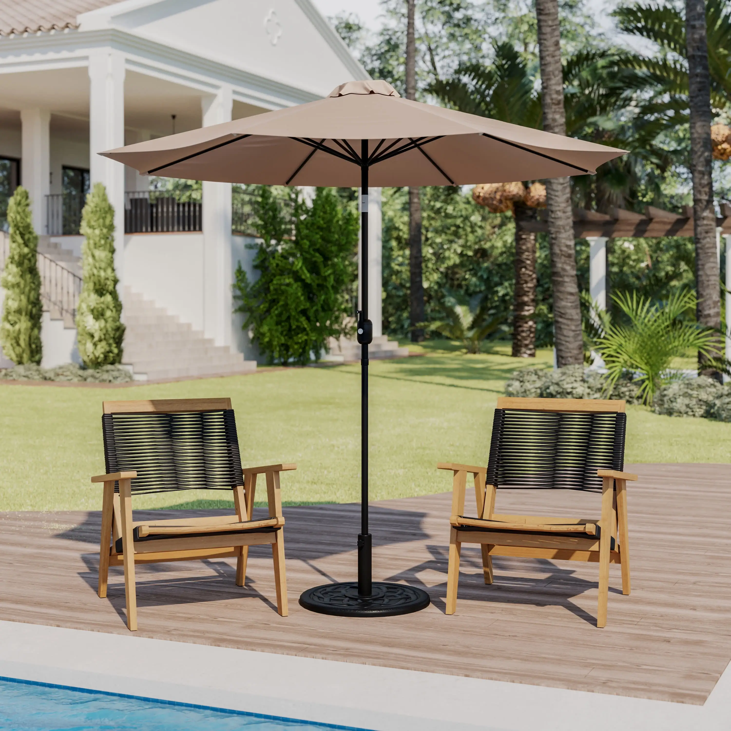 Emma + Oliver Bundled Set - Tan 9 FT Round Umbrella & Universal Black Cement Waterproof Base