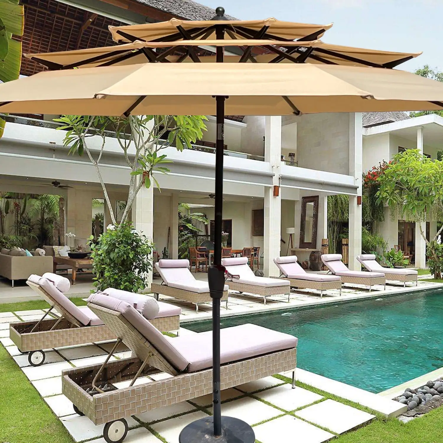 Enhance your outdoor space with this Elegant and Functional 9 Ft Outdoor Patio Umbrella featuring 3 tiers for added style and coverage. The Convenient Crank and Tilt Mechanism make it eas