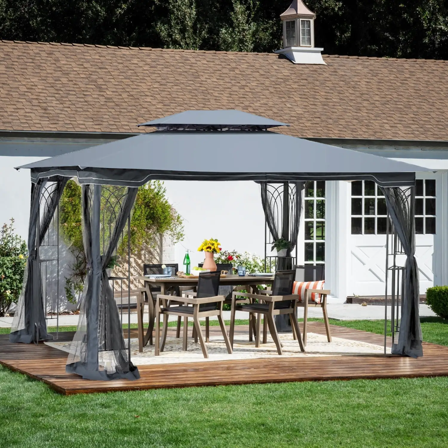 Enhanced Top Gray Outdoor Patio Gazebo Canopy Tent with Ventilated Double Roof - 13x10 ft Detachable Mosquito Net Ideal for Lawn Garden Backyard and Deck Use Superior Quality and De