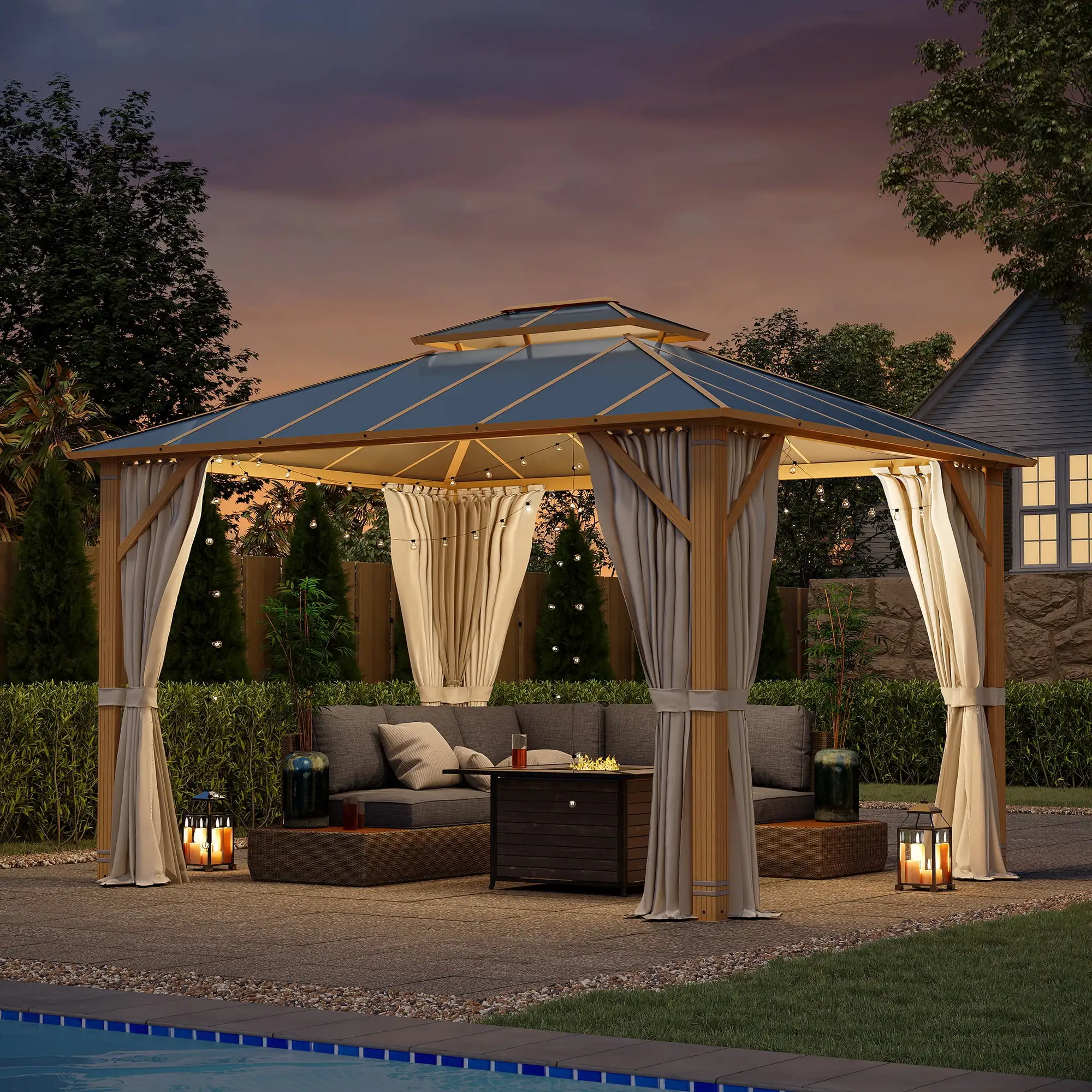 Erinnyees 10' x 12' Hardtop Gazebo with Double Roof. Aluminum Frame Pergola for Patios. Gardens. Lawns