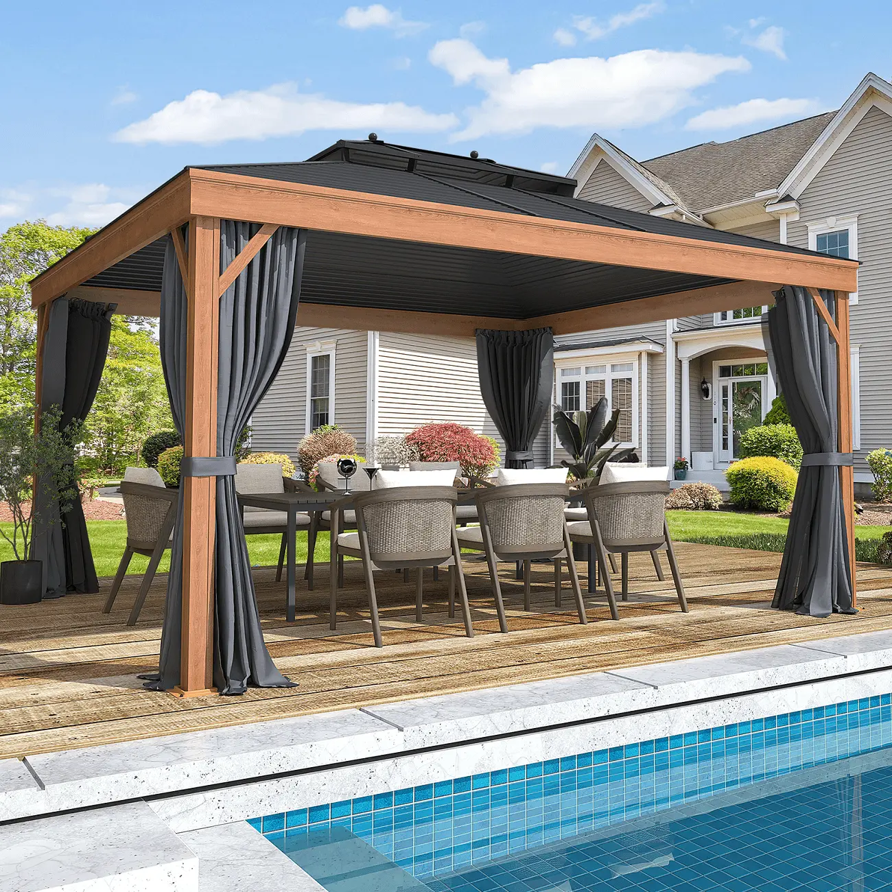 Erinnyees 12' X 14' Hardtop Gazebo Metal Gazebo with Wood Grain Aluminum Frame. Galvanized Steel Double Roof. Outdoor Patio Gazebo Pergolas for Backyard. Patio. Lawns