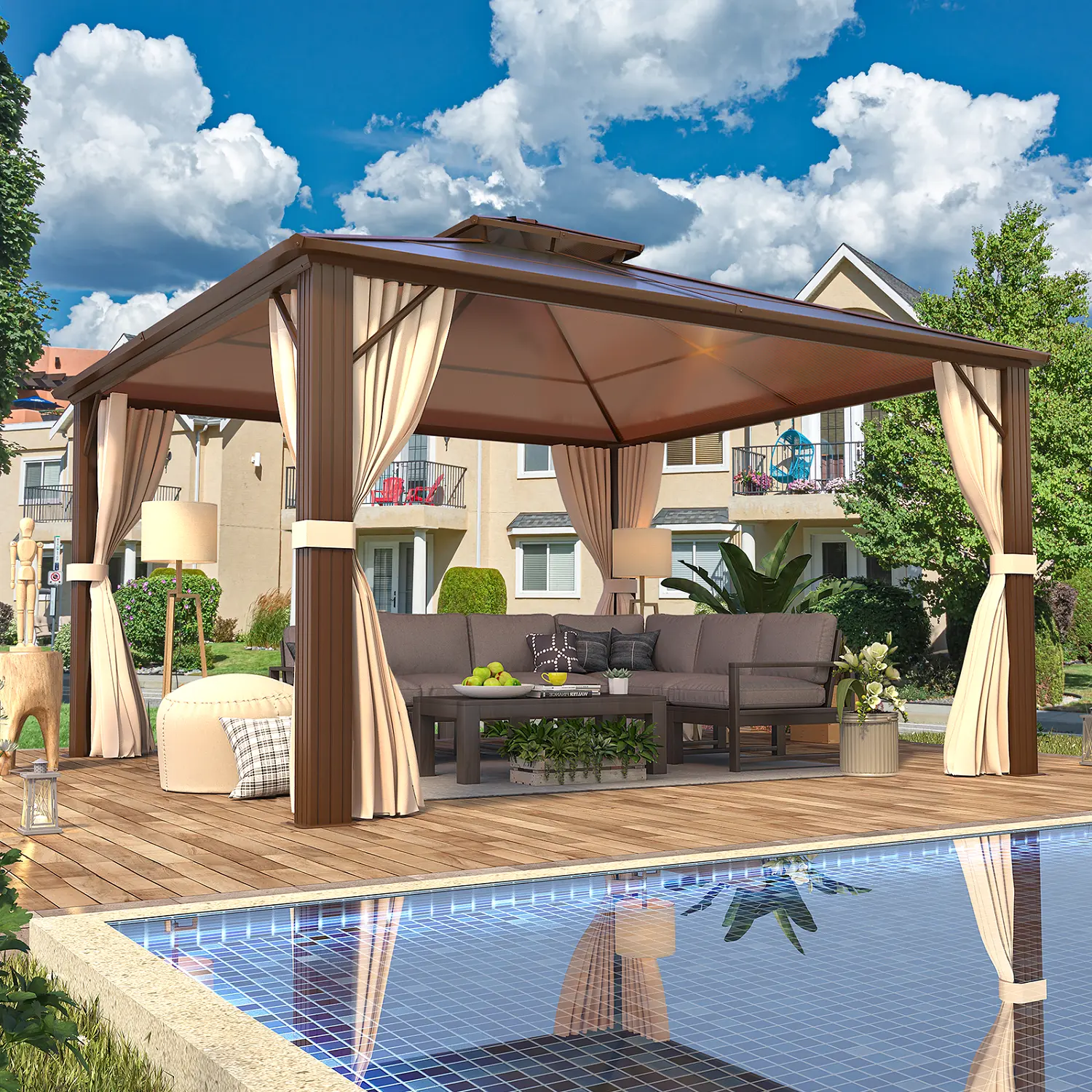 Erinnyees 12 ft Outdoor Polycarbonate Double Roof Hardtop Gazebo Canopy. Beige