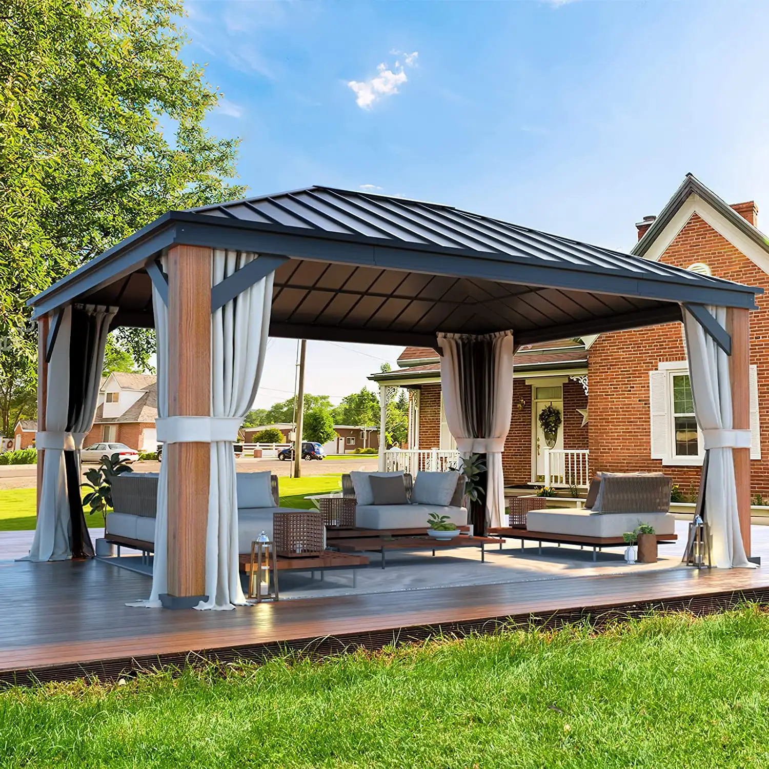 Erinnyees 12'x16' Ultra-Thick Columns and Beams Hardtop Gazebo. Faux Wood Grain Aluminum Frame. Outdoor Patio Gazebo with Galvanized Steel Single Roof