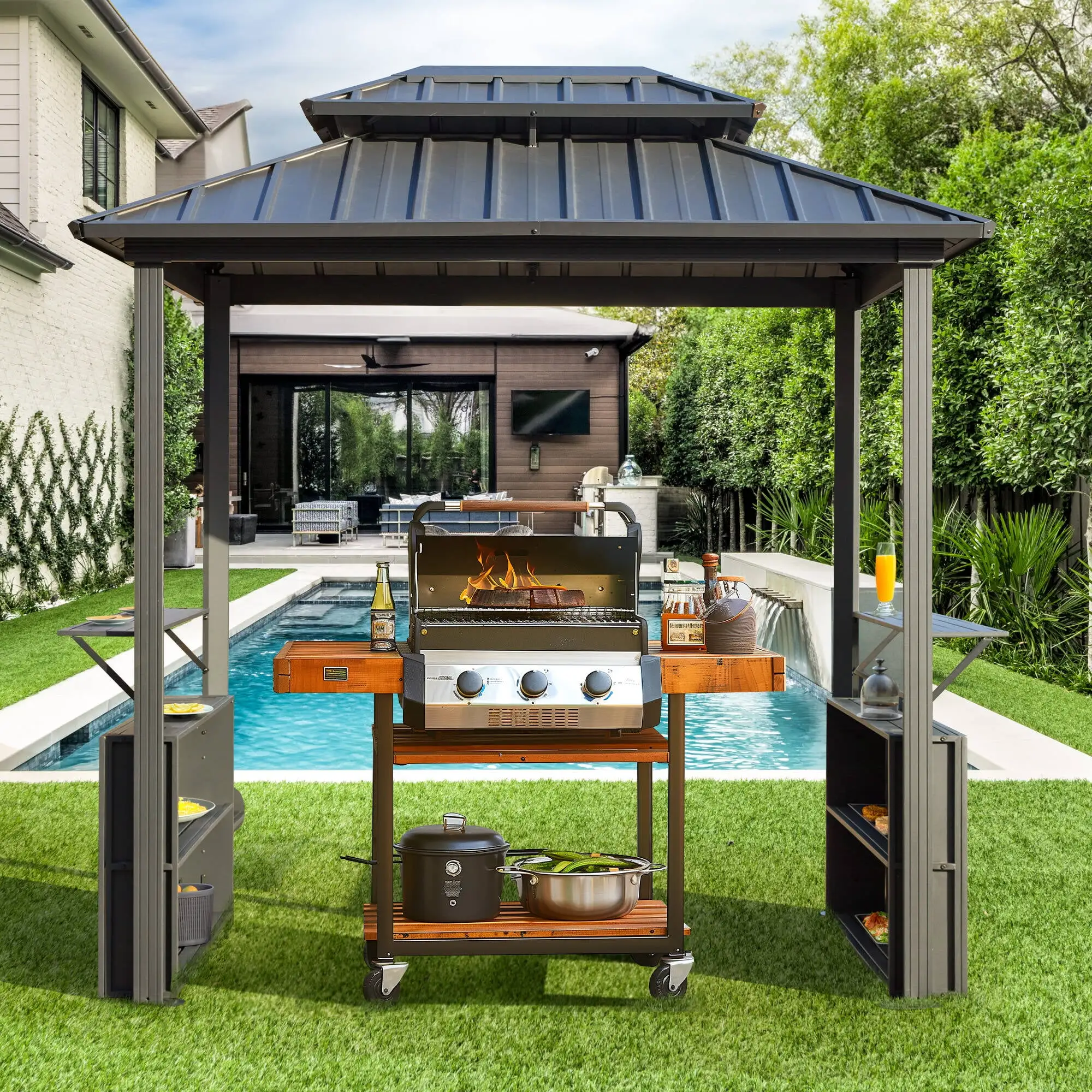 Erinnyees 8?? 6 ft Grill Gazebo . Aluminum BBQ Gazebo. Outdoor Metal Frame with Shelves. Permanent Double Roof Hardtop Gazebos for Patio Lawn and Garden