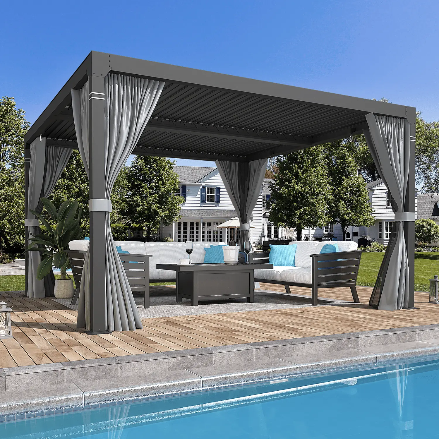 Erommy 10' x 10' Outdoor Louvered Pergola with Adjustable Aluminum Rainproof Roof with Curtains and Netting