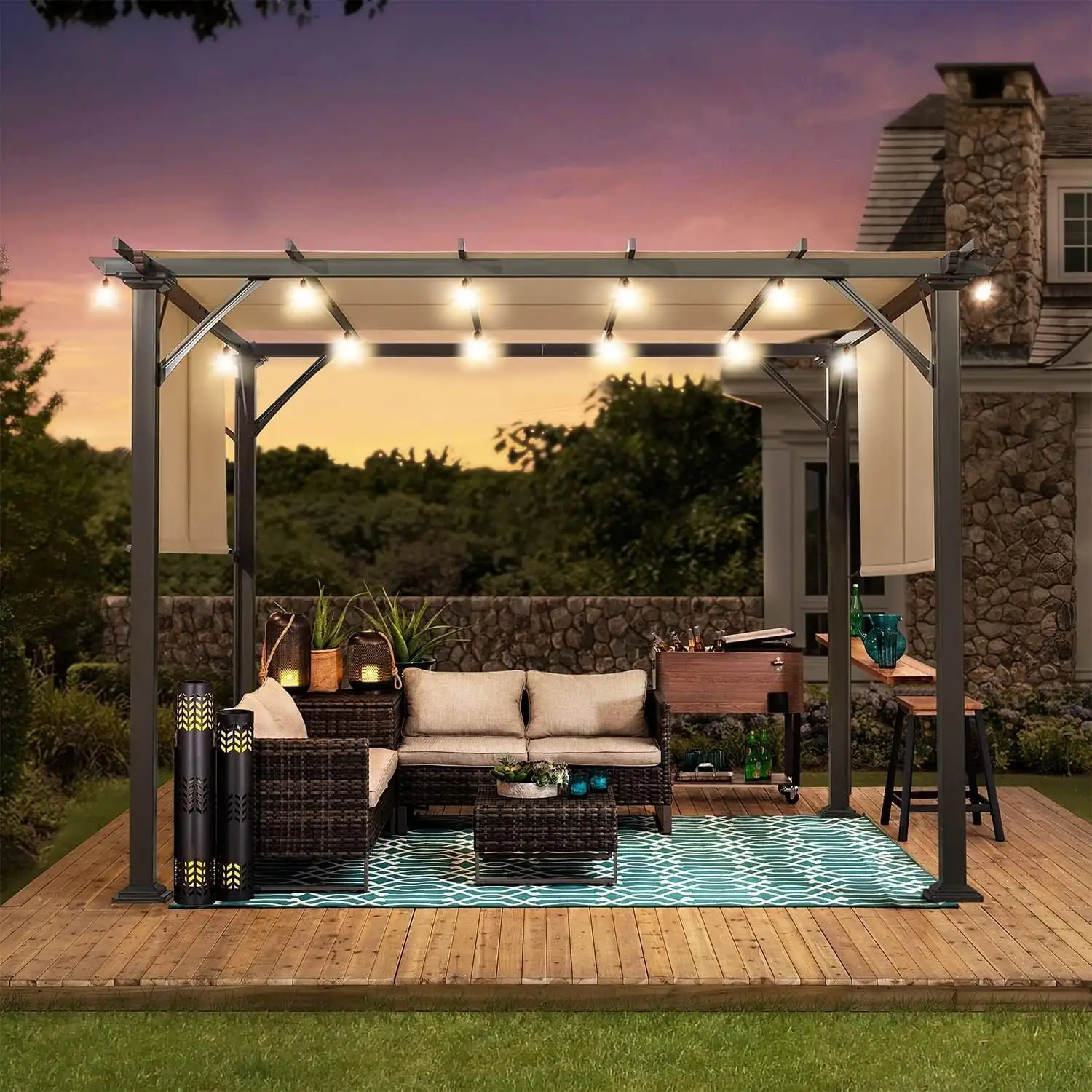 Erommy Outdoor 10' x 10' Pergola with Sun Shade Canopy on Top and Sides. Aluminum Frame White