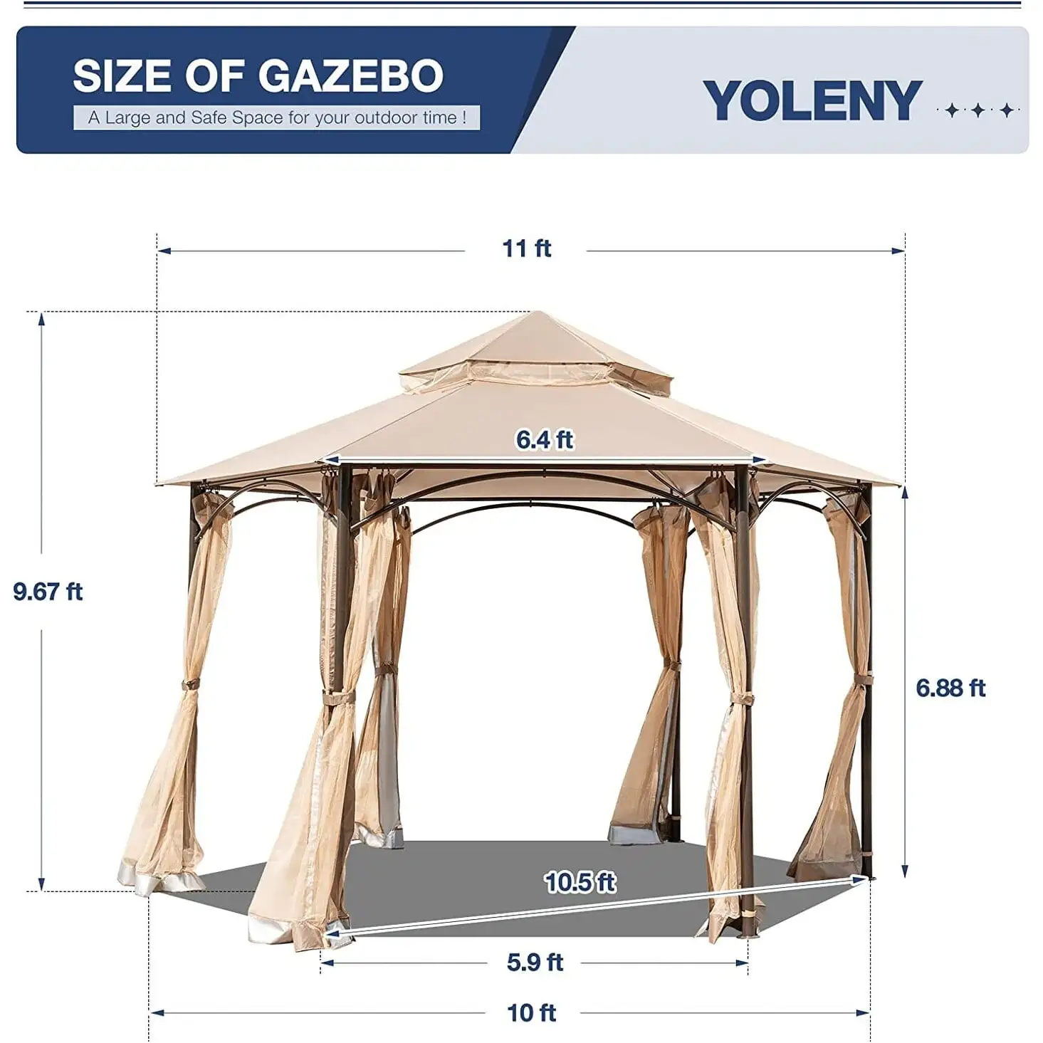 Erommy Outdoor Canopy Gazebo. Patio Hexagonal Gazebo with Mosquito Netting. Canopy Tent with Waterproof Double Roof Tops Khaki