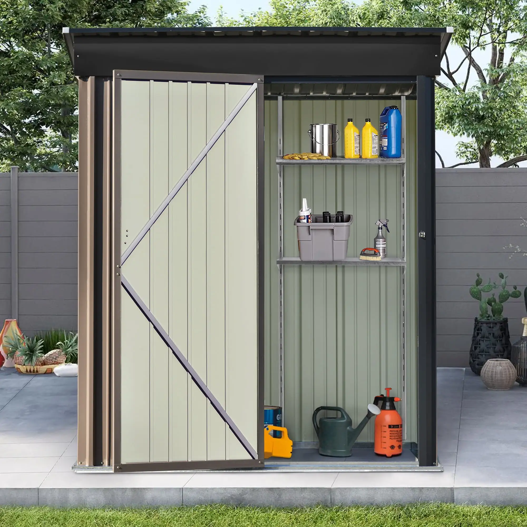 Euroco 5' x 3' FT Outdoor Storage Shed. Metal Garden Tool Shed with Lockable Door. Outside Sheds & Storage Galvanized Steel. Brown