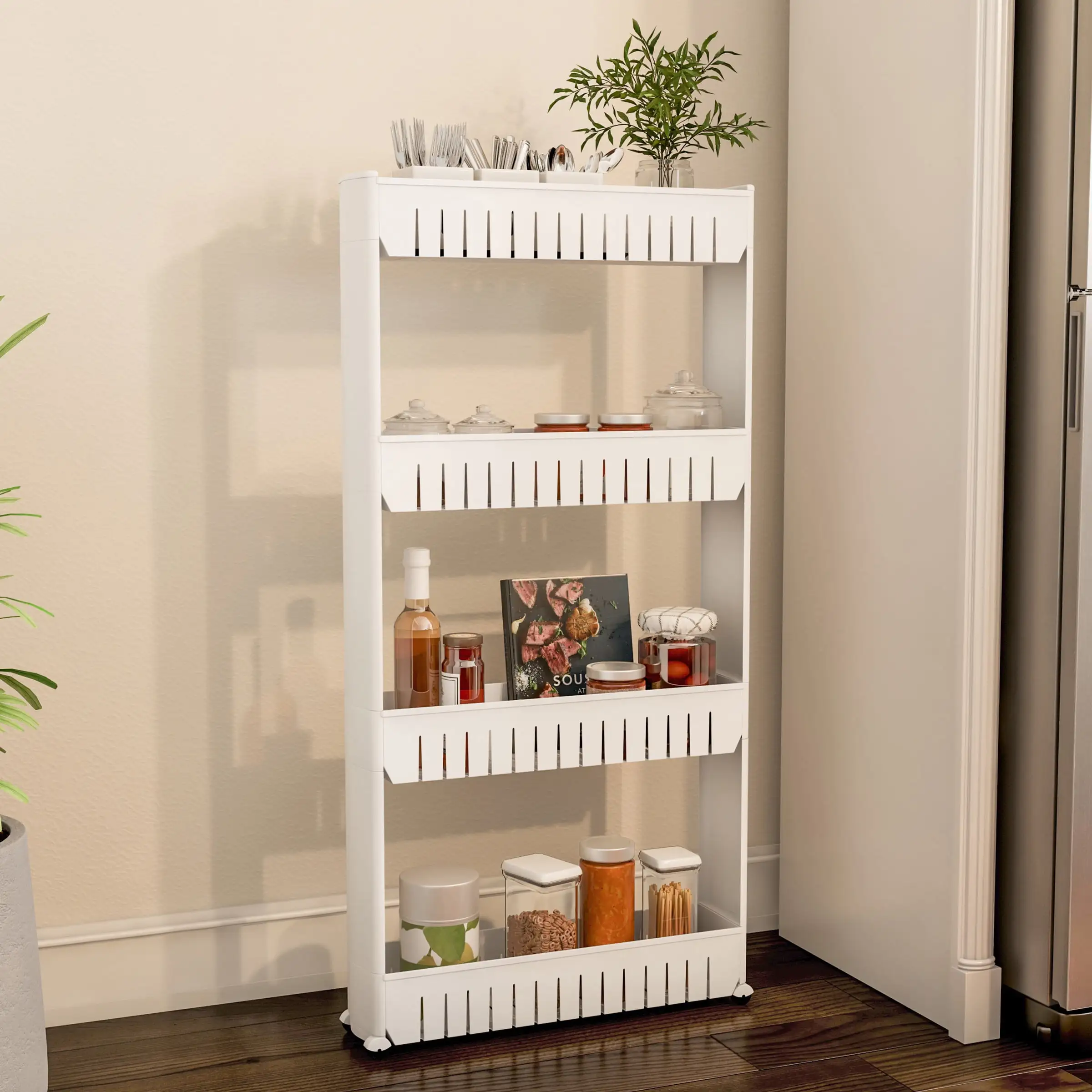 Everyday Home Mobile Plastic Shelving Unit Organizer. 4 Storage Baskets. Slim Slide Out Pantry