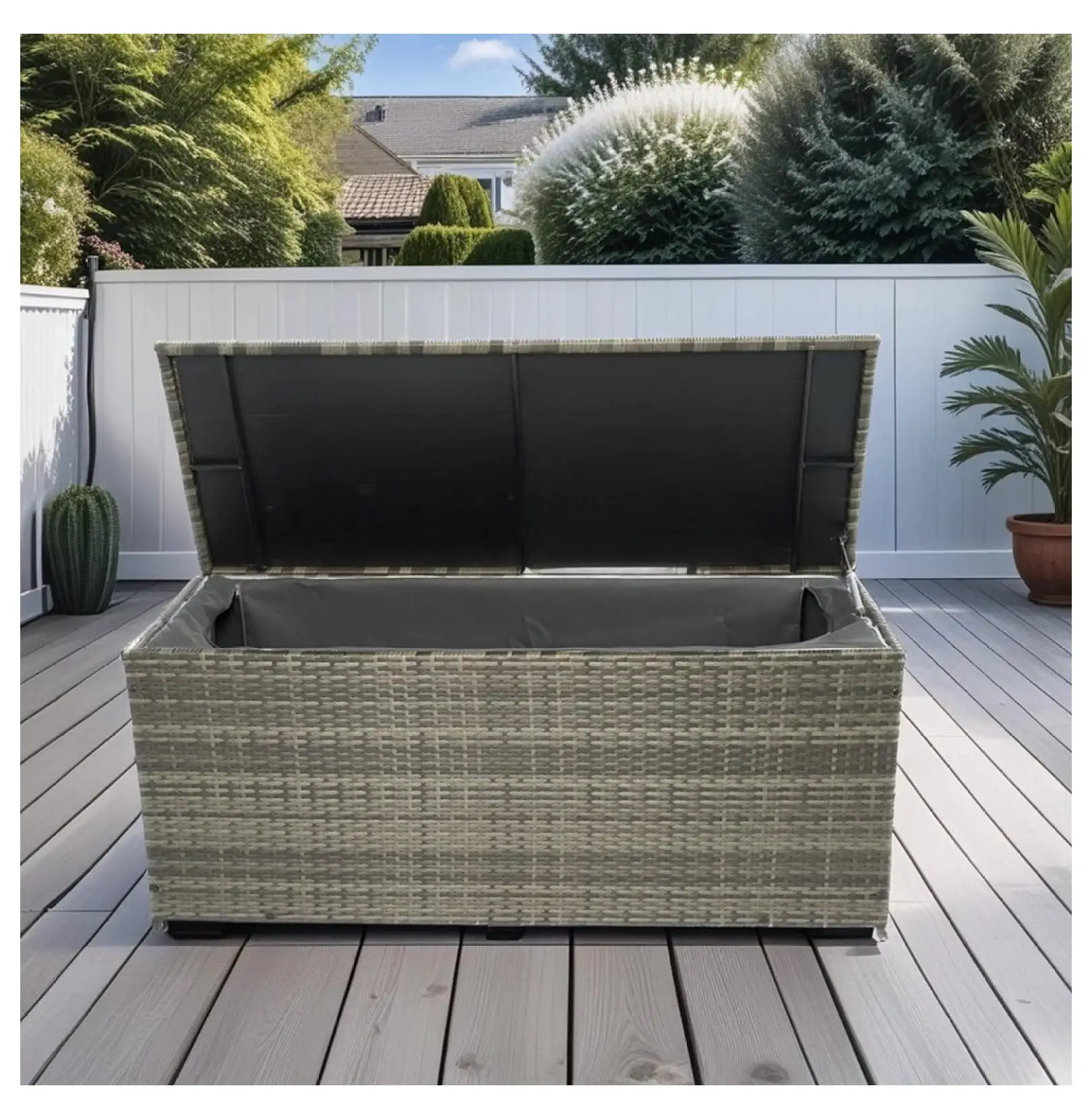 Exlonjet Storage Box. 113 Gallon Wicker Patio Deck Box with Lid. Outdoor Deck Box for Toys. Pillows. Garden Tools. Grey