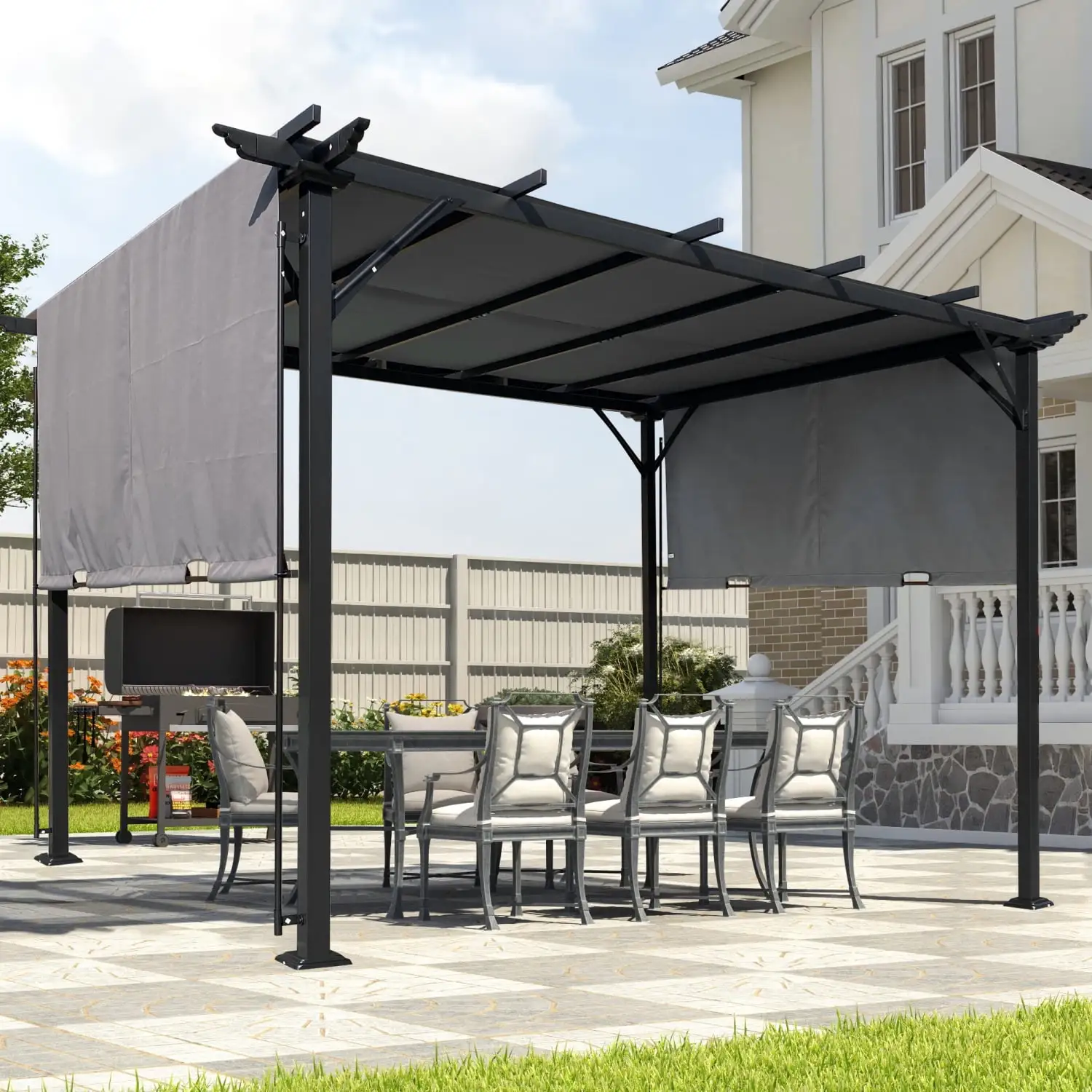 Extra-Large 9.5 x 12 Ft Grey Retractable Steel Frame Shade Canopy for Patio Sunshelter Pergola in Grape Design - Perfect for Gardens Terraces and Backyards