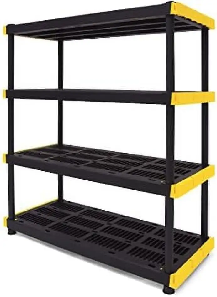 FETON Black & Yellow . 4-Tier Heavy Duty Plastic Storage Shelving Unit. 200lbs/shelf (55H x 48W x 20D). for Indoor/Outdoor Organization. Modular Rack