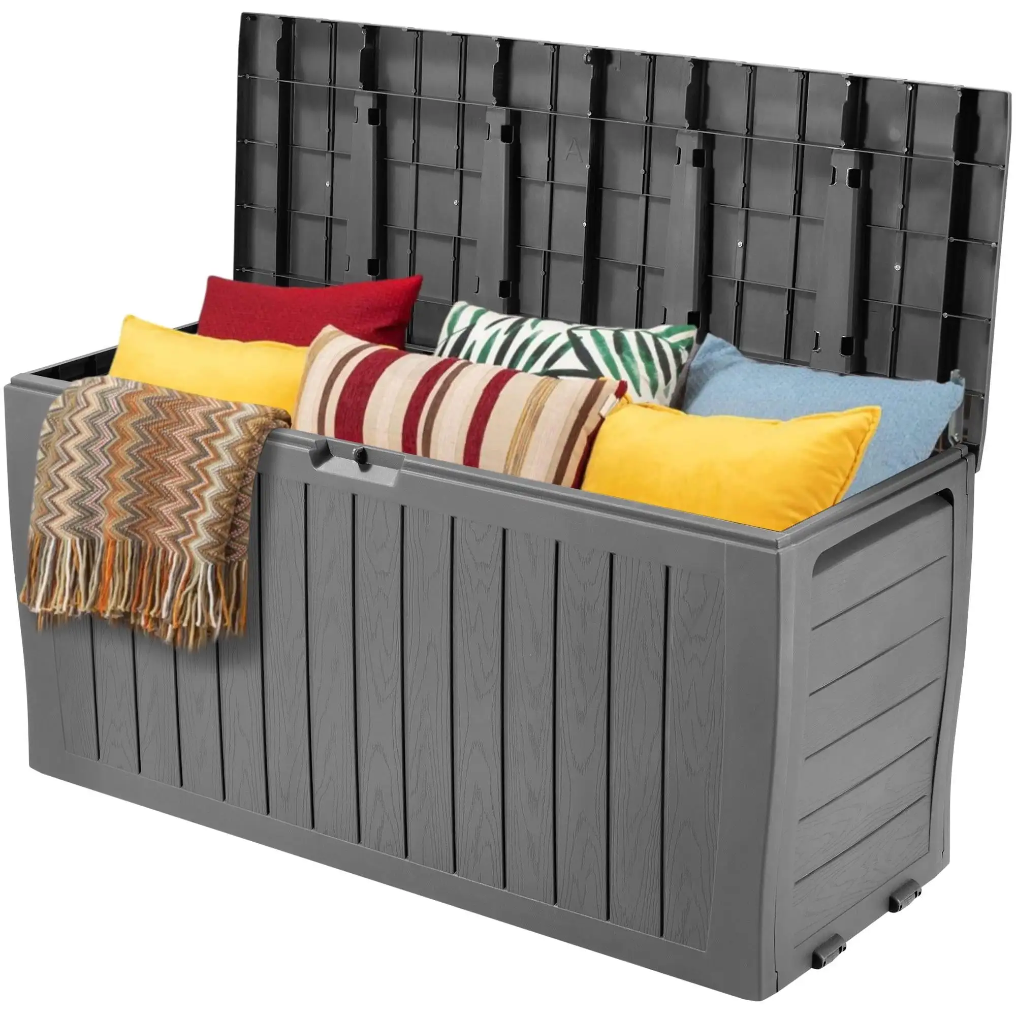 FFEEIS 75 Gallon Resin Deck Box on Wheels. Patio Large Storage Cabinet. Outdoor Waterproof Storage Chest. Storage Container for Outside Furniture Cushions. Garden Tools. Kids' Toys. Gray. D7232