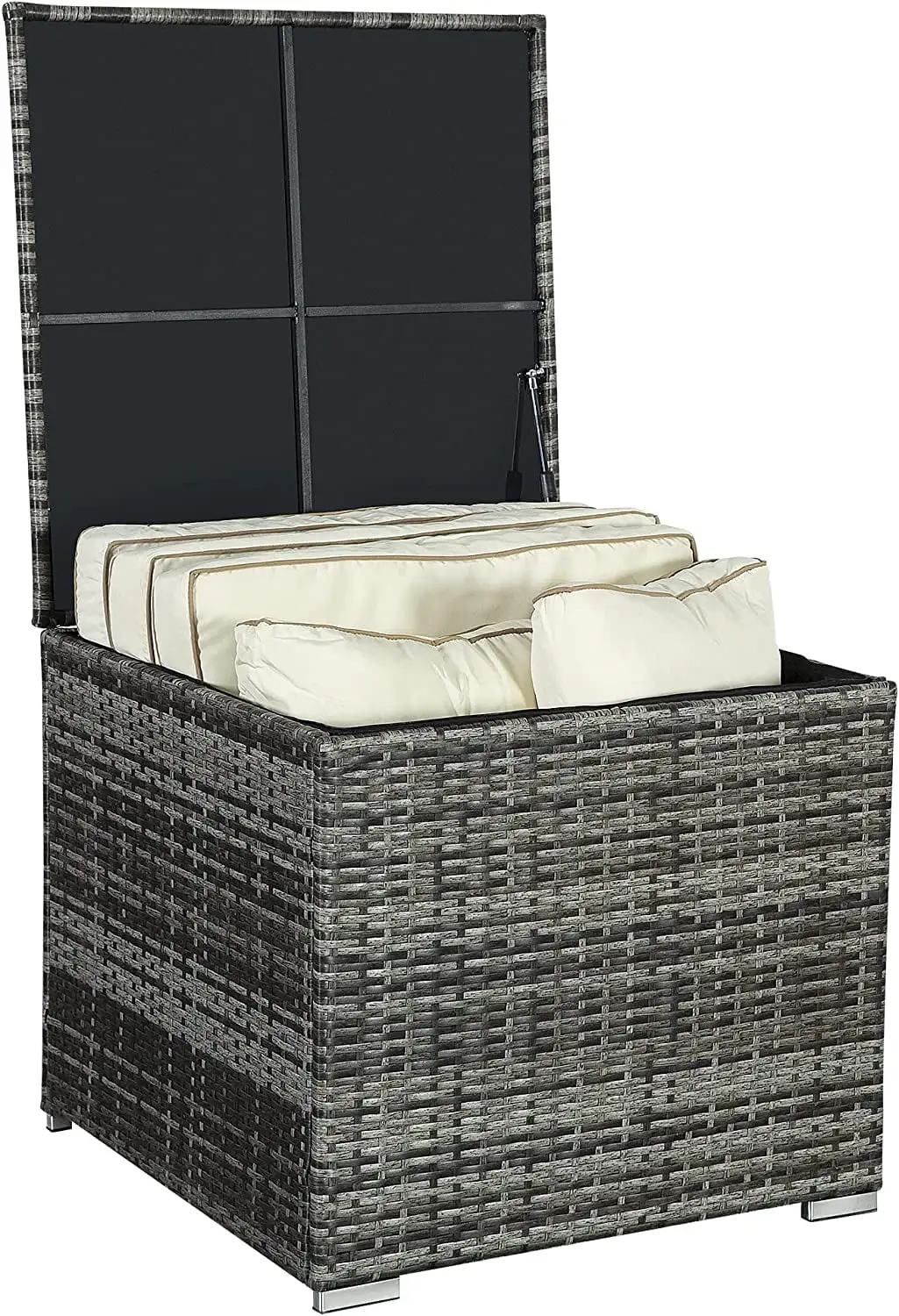 FHFO Outdoor Wicker Storage Box.88 Gallon Rattan Deck Box. Aluminum Frame Storage Bin for Cushion Pillows. Towels. Garden Tools. Toys. Brown.Grey