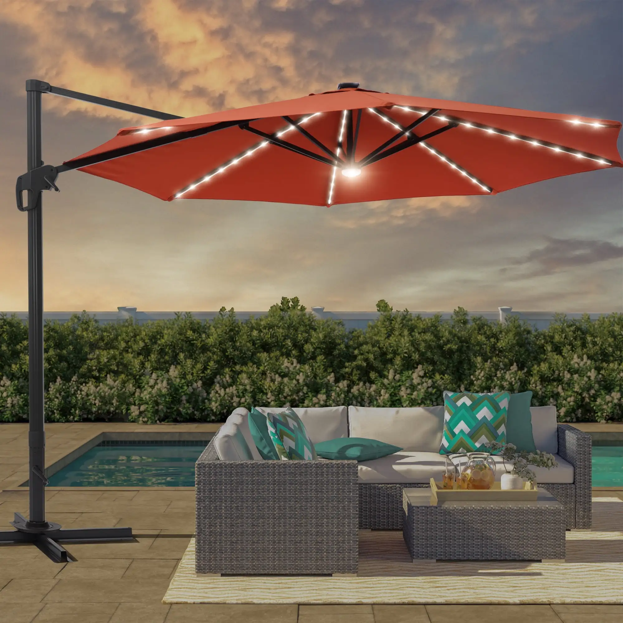 FLAME&SHADE 11 Ft LED Patio Cantilever Umbrella Outdoor Aluminum Offset Hanging Rotation w/Solar Lights.Red