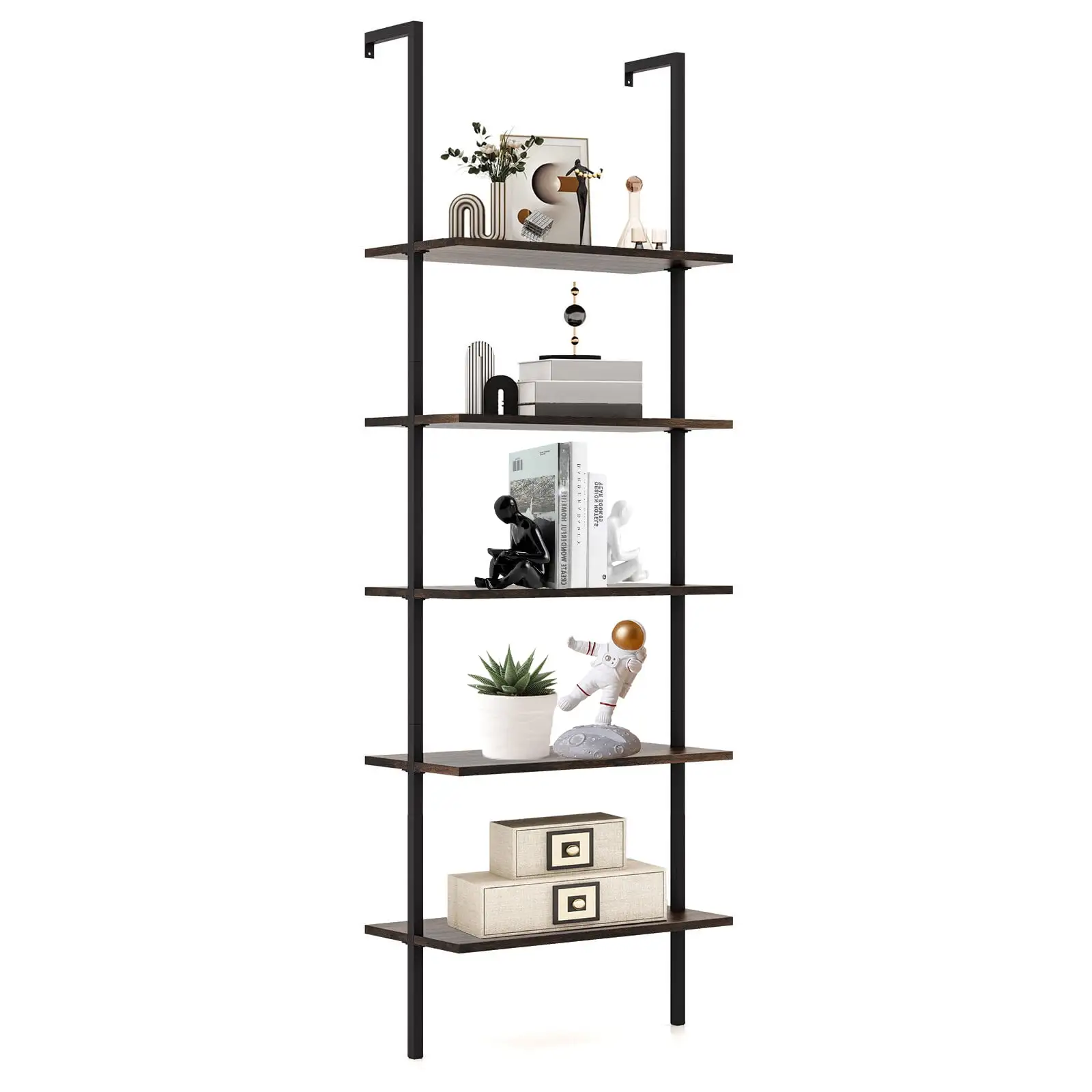 FONIRRA 5 Tier Wall Mounted Bookcase Ladder Shelf with Metal Frame and Wood Shelf. Brown