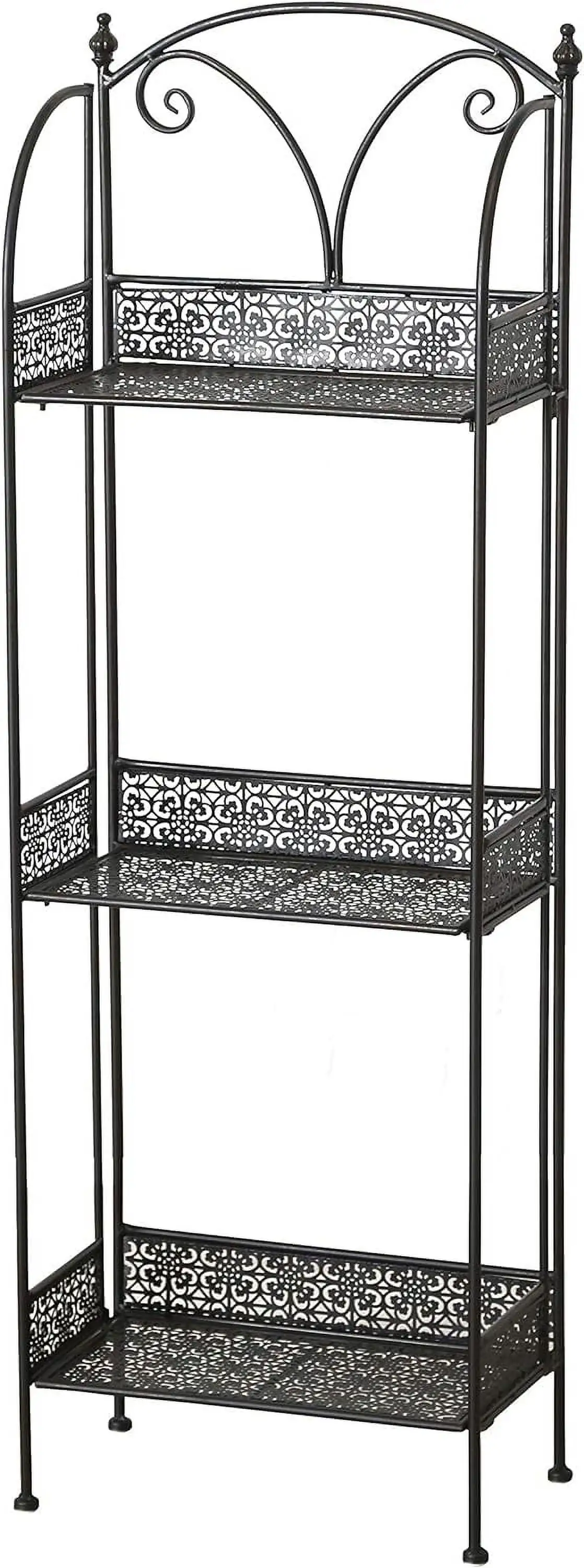 Farmers Favorite 3 Tier Rack. Slim Line Design. Plant Stand. Powder Coated Black Iron. Punched Floral Fold-Out Rimmed Shelves. Final Top Details. 15 3/4 L x 8 3/4 W x 48 H (40 x 122 cm)