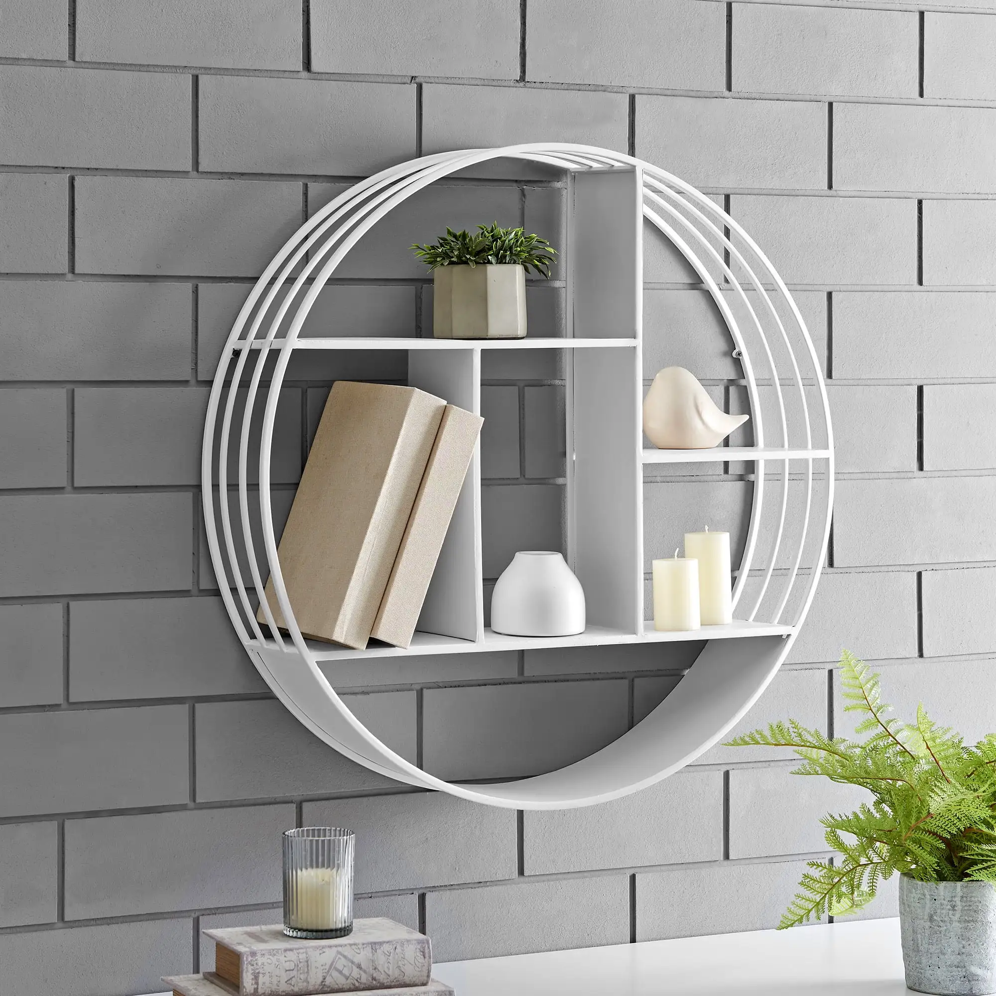 FirsTime & Co. White Brody Wall Shelf. Industrial. Painted. Round.Metal. 27.5 x 6 x 27.5 in