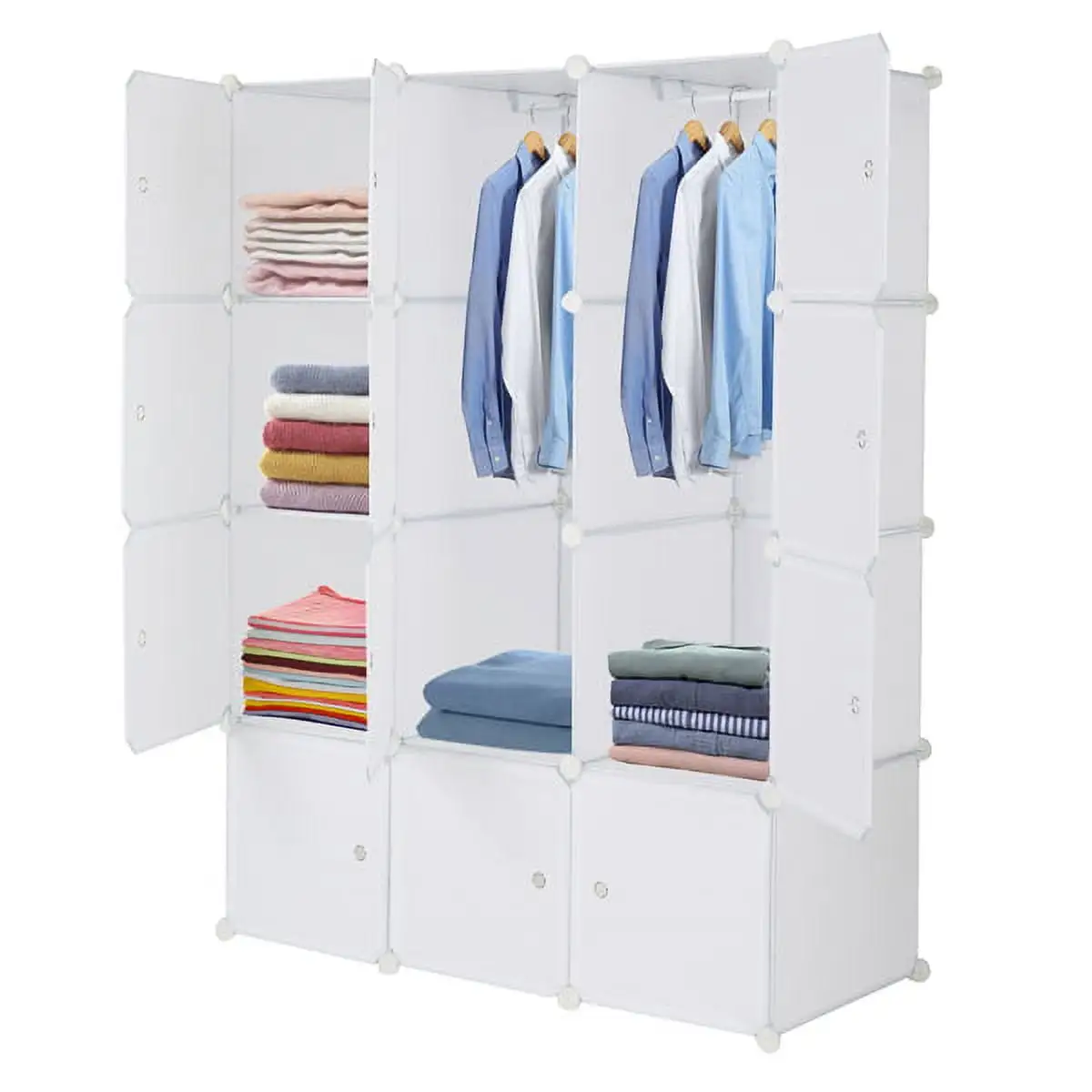 Fithood 12 Cube Organizer Stackable Plastic Cube Storage Shelves Design Multifunctional Modular Closet Cabinet with Hanging Rod White