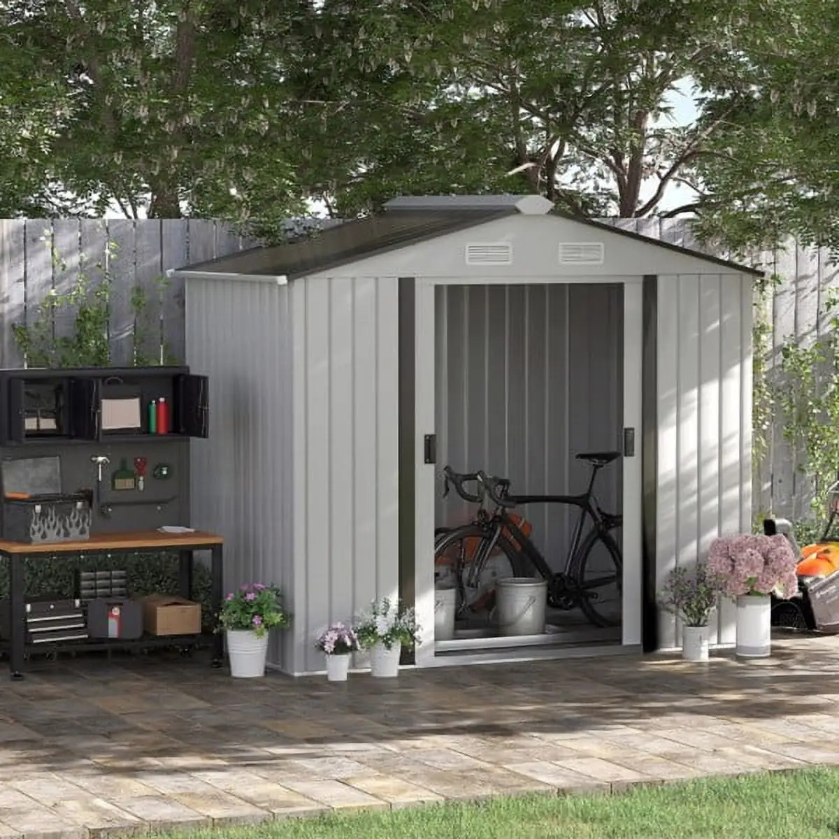 Fithood Steel Storage Shed Garden Tool house 7' x 4' White-AS