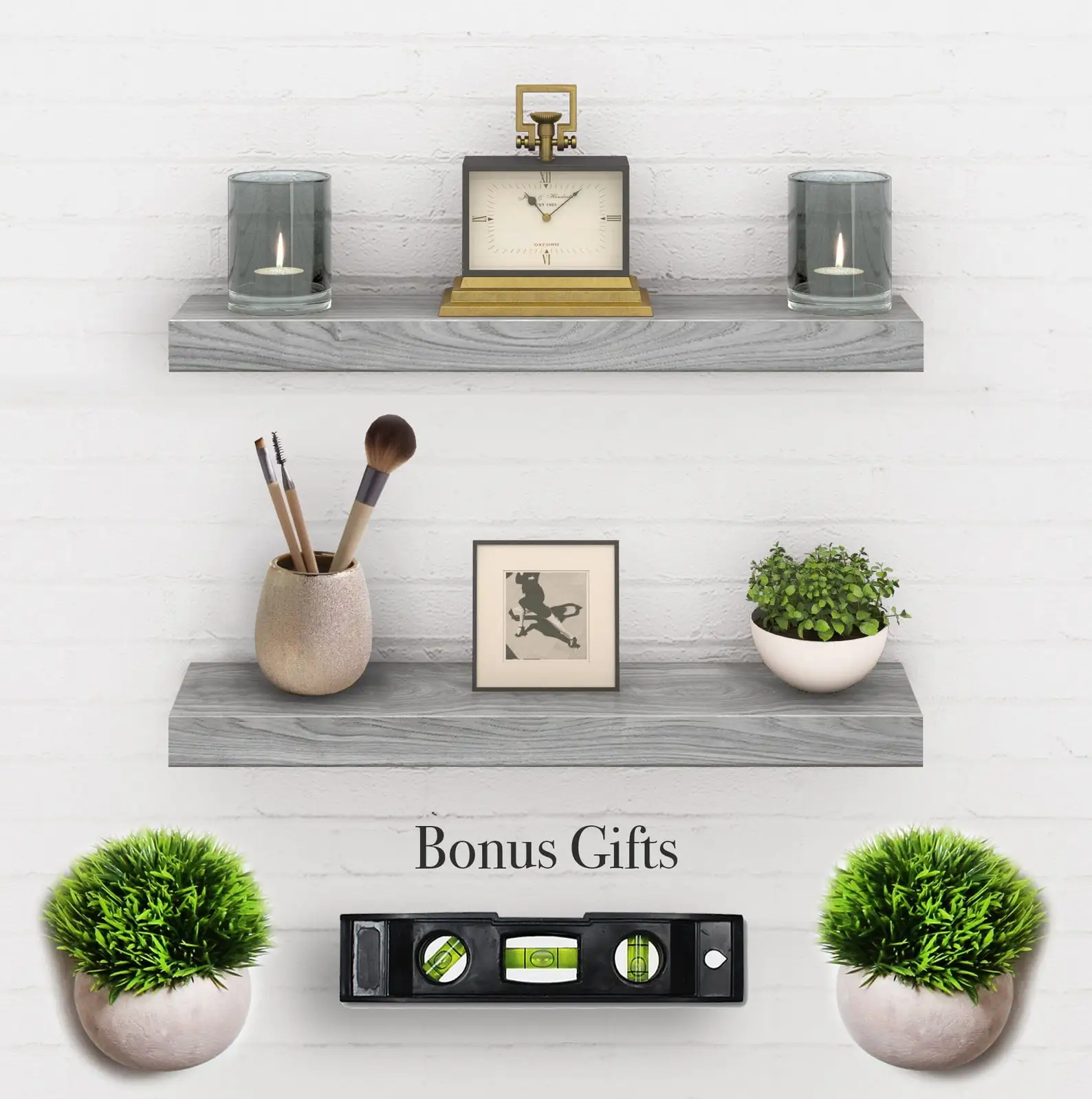 Floating Shelves Wood Gray Set of 2 - Real Wood Mounted Wall Shelf - 24in x 5.5in x 1.5in Hanging Shelf - Paulownia W/ Gray Finish