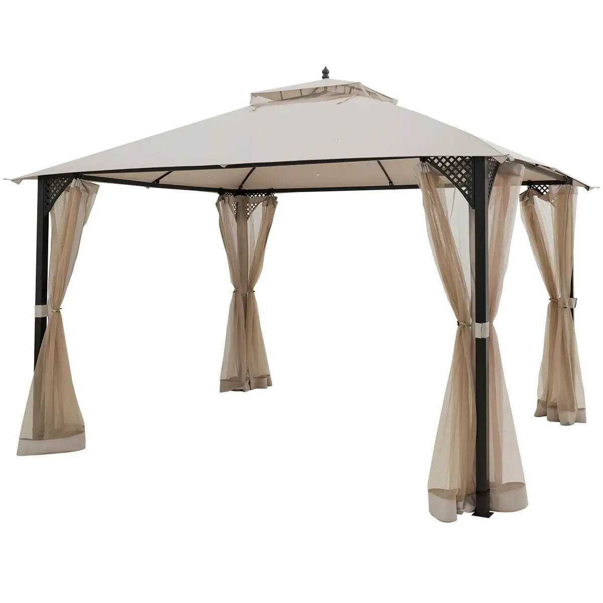 Forclover 12' x 10' Outdoor Patio Gazebo Canopy Shelter Double Top Sidewalls Netting Beige