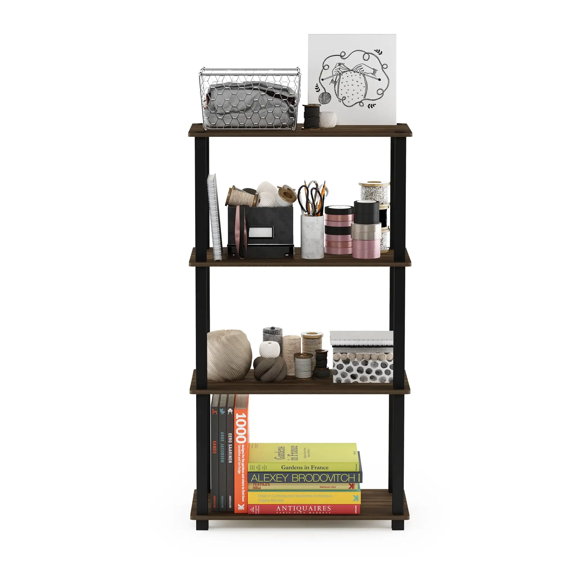 Furinno 23.6W x 11.4D x 43.25H 4-Shelf Decorative Shelves. Columbia Walnut and Black