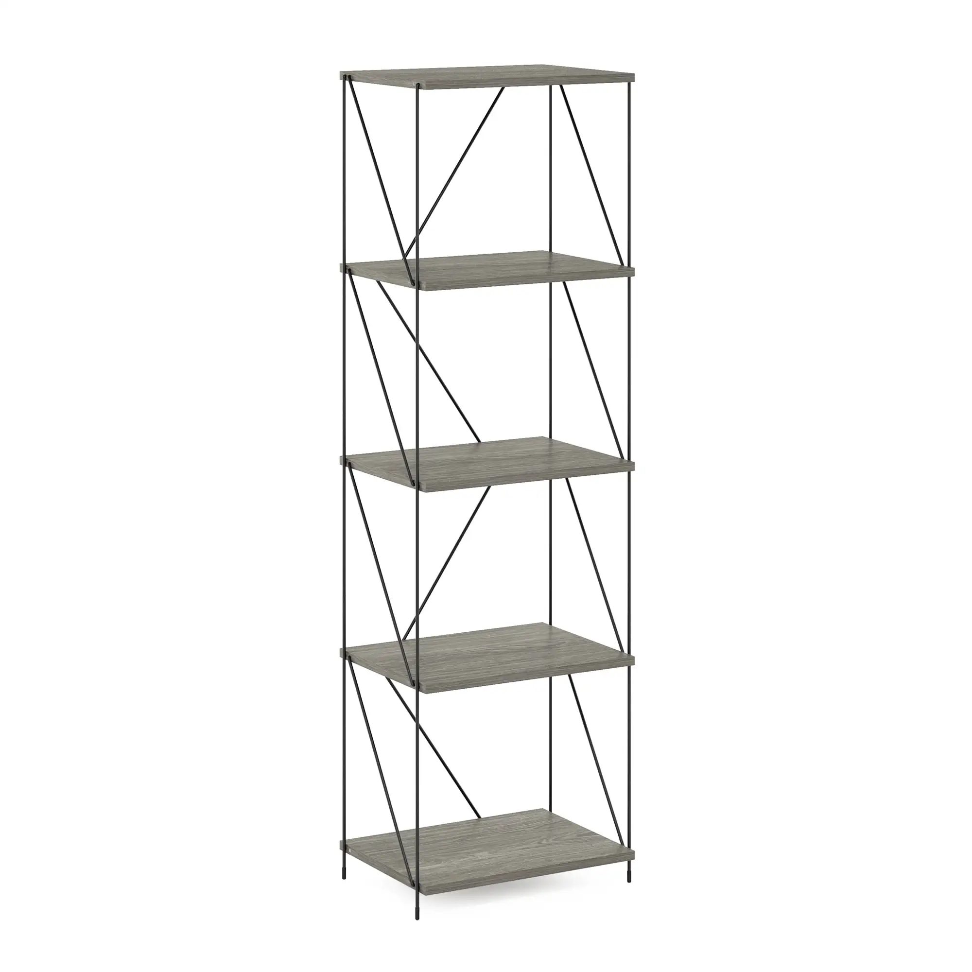 Furinno Besi 5-Tier Industrial Multipurpose Shelf Display Rack with Metal Frame. Narrow. Finn Oak