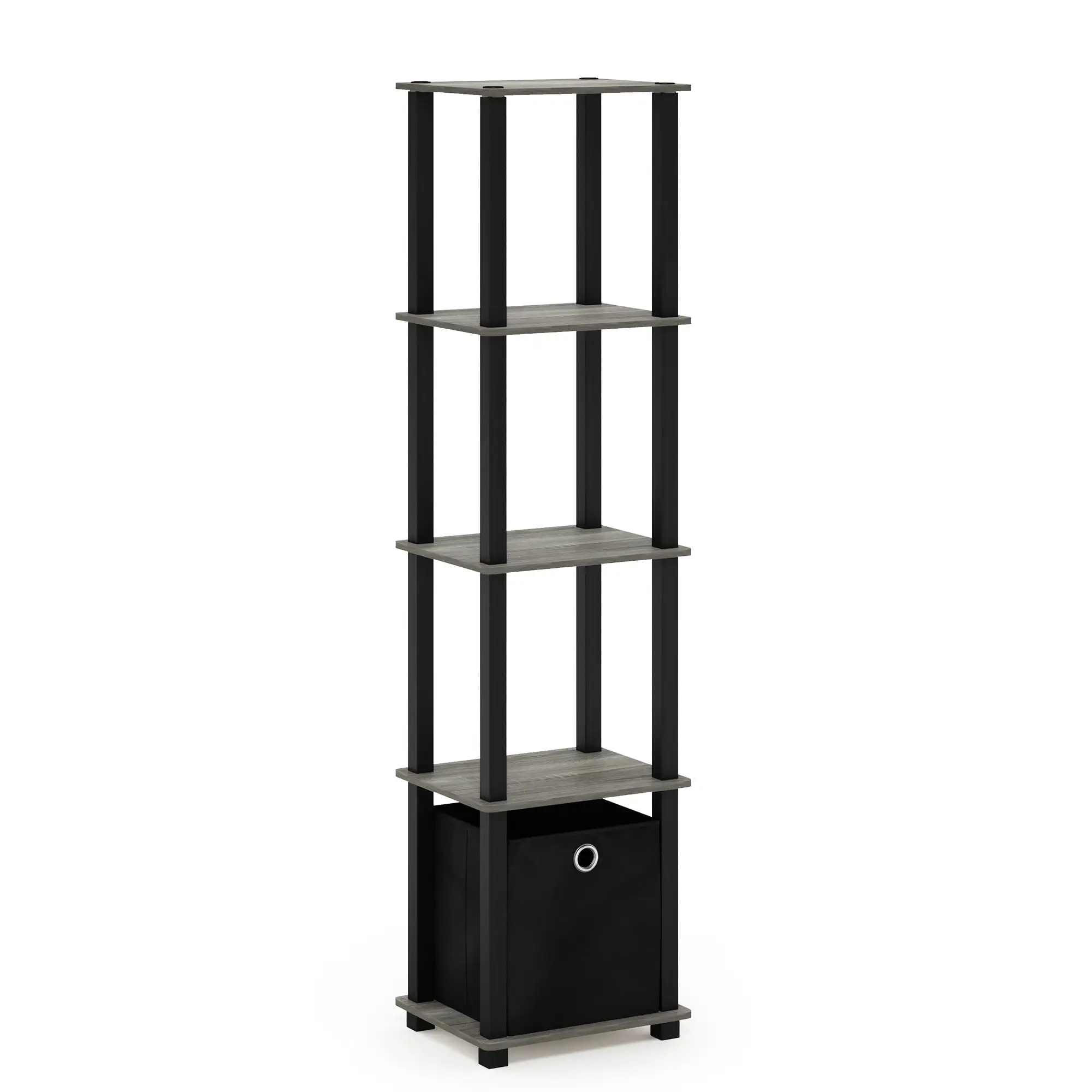 Furinno TNT No Tools 5-Tier Display Decorative Shelf with One Bin. French Oak Grey/Black/Black