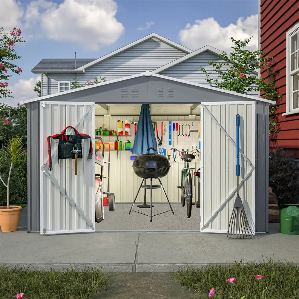 FuxinDecor 10X8 FT Outdoor Storage Shed.All Weather Metal Sheds with Lockable Doors.Pitched Roof.Ventilation Vents.Tool Shed for Garden. Patio. Backyard. Lawn