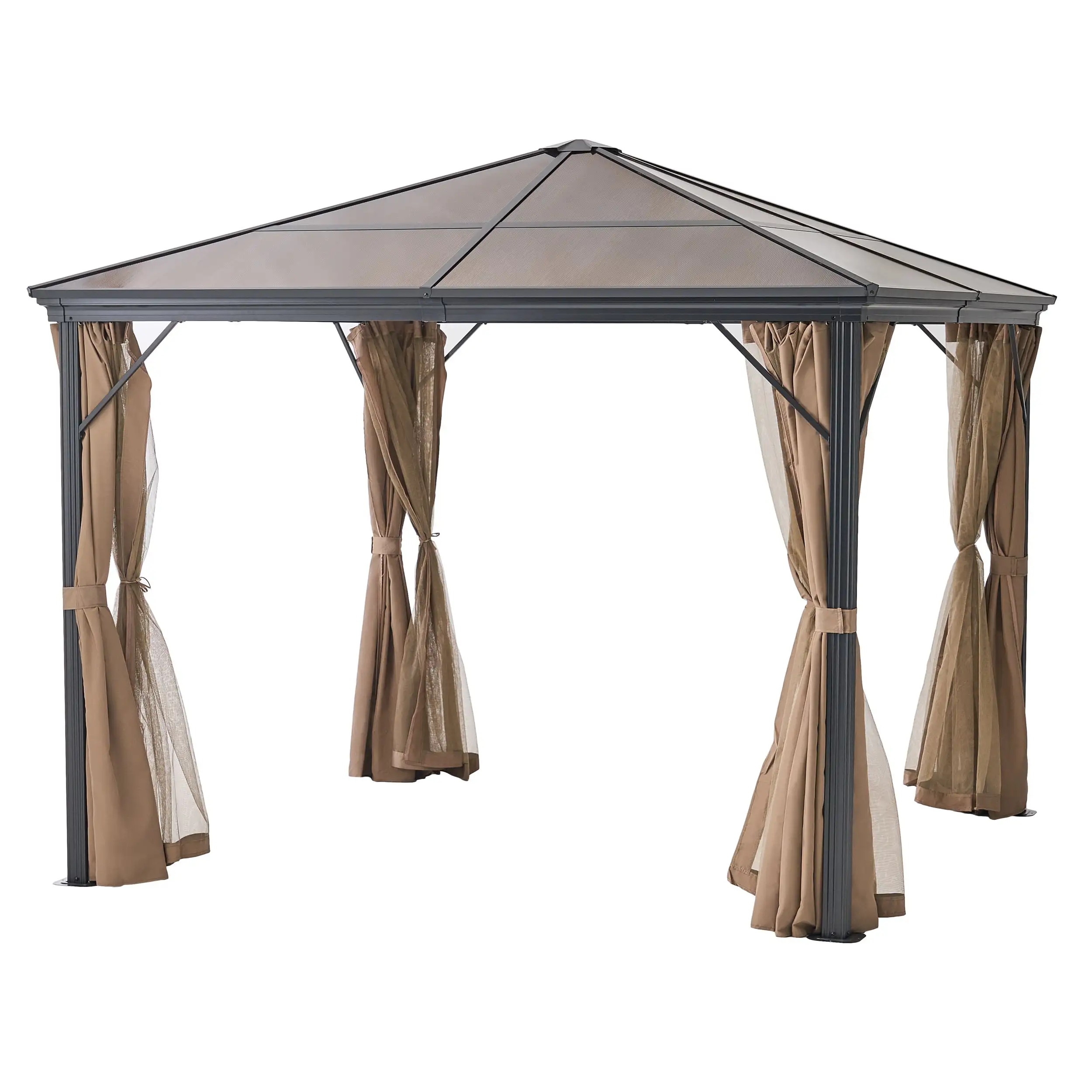 GDF Studio Edwin Outdoor 10' x 10' Aluminum Hardtop Gazebo with Curtains. Brown and Black