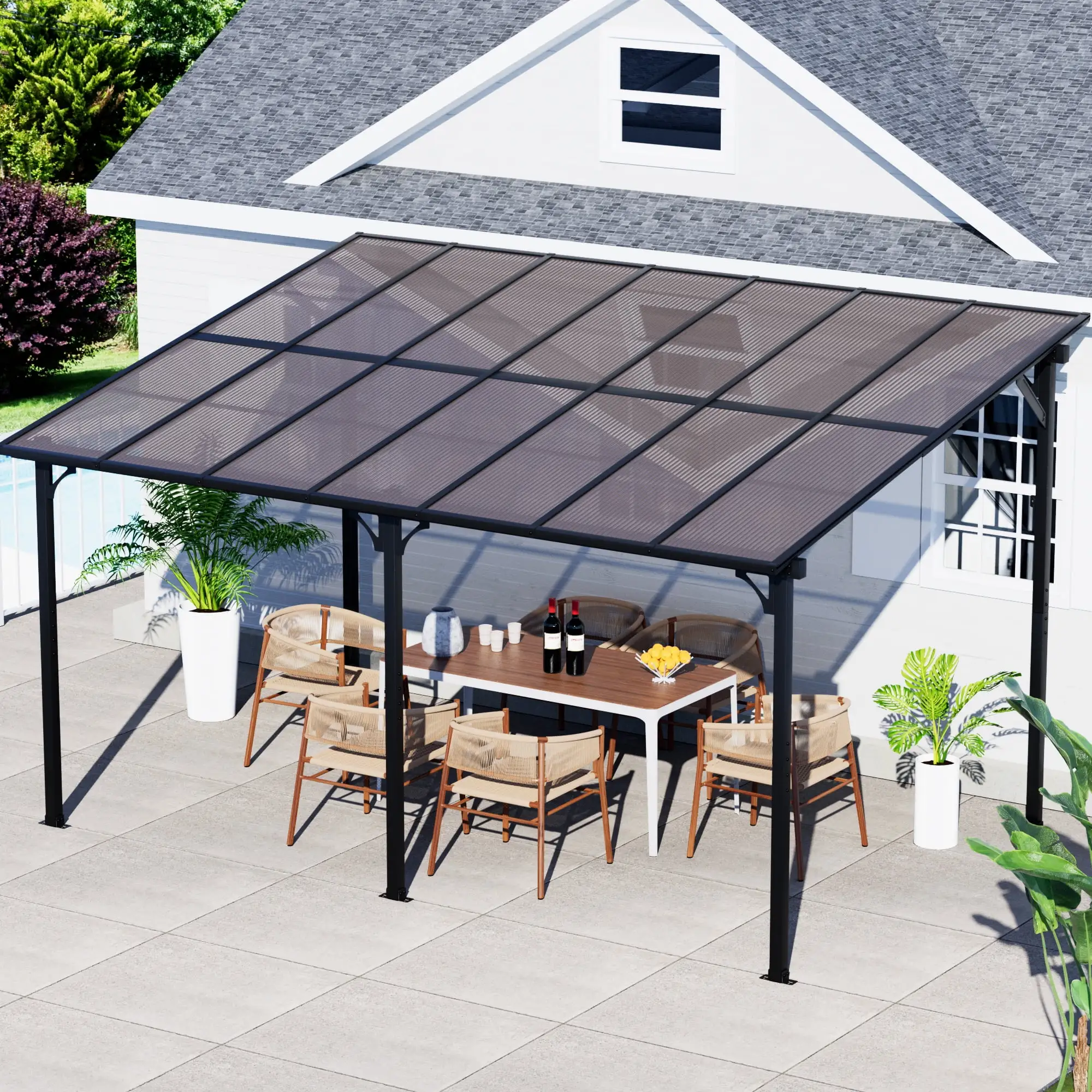 GDPFN 14' x 10' Gazebo. Wall Mounted Lean to Pergola. Outdoor Hardtop Gazebo with Roof. Large Heavy Duty Metal Awnings for Patio. Backyard. Deck. Porch