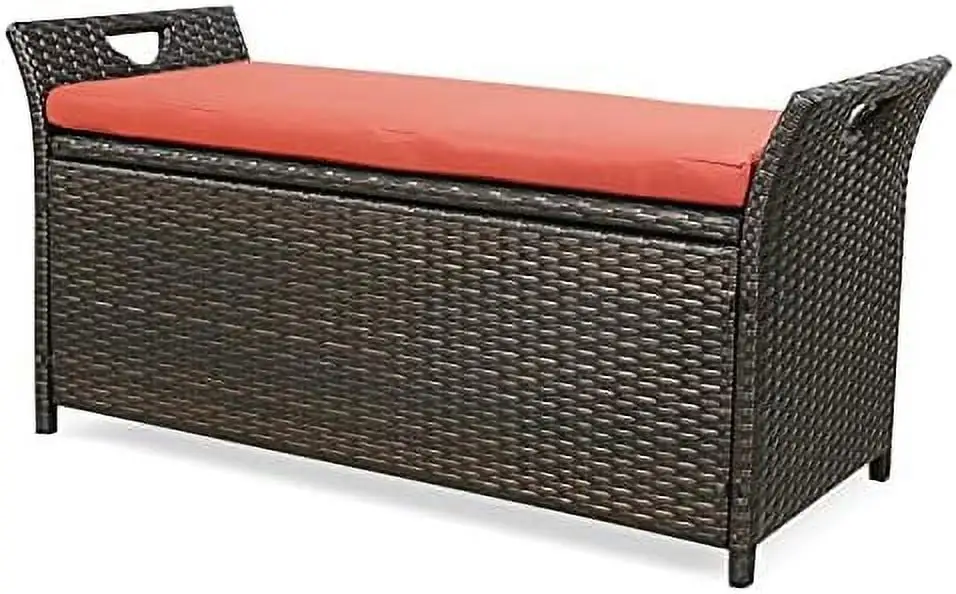 GVJMTKP Patio Wicker Bench Outdoor Rattan Deck Box with Cushion (Terracotta)